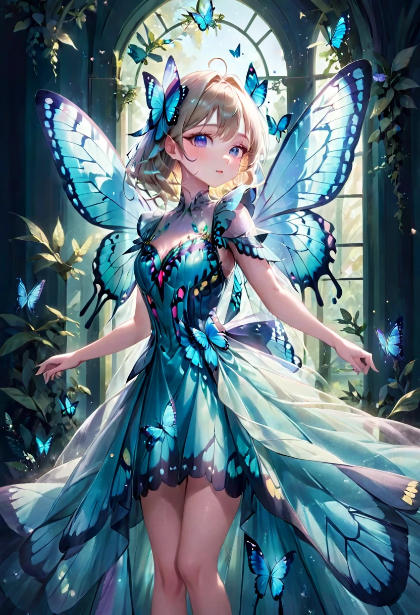 1girl, blue butterfly, butterfly dress, vibrant colors, delicate wings, flowing fabric, ethereal atmosphere, nature-inspired, dreamlike, soft lighting, intricate details, fantasy fashion, graceful movement, whimsical, magical, enchanting, surreal, painterly style, pastel tones, shimmering, elegant, enchanting, ethereal beauty