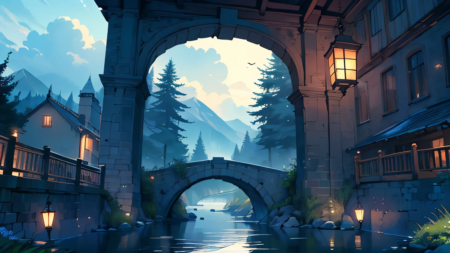 ((best quality)), ((masterpiece)), (detailed), (4K resolution), (high definition), (meticulous detail), (vibrant colour), (HD quality), (ultra high res:1.4), (masterpiece), (beautiful lighting:1.4), ((no_human)), scenery, mountain, no_humans, stairs, outdoors, cloud, tree, sky, cloudy_sky, building, lantern, house, bridge, window, railing, water, night, boat in the river, Lord of The Ring scene