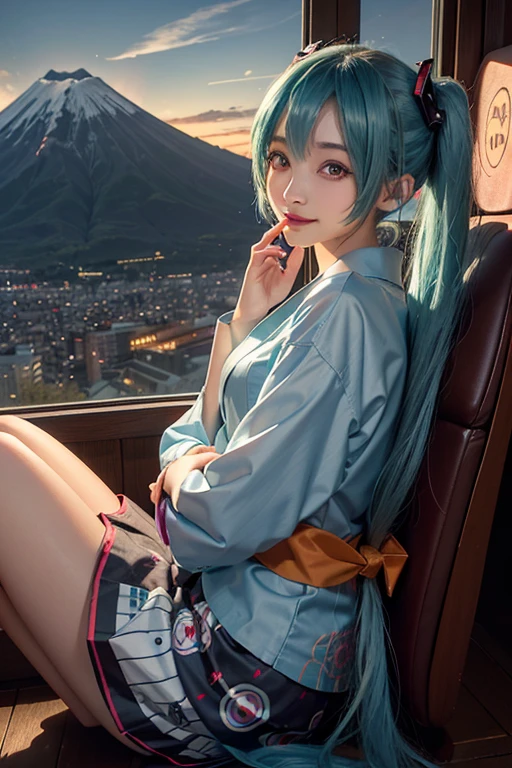 、woman、masterpiece, Hatsune Miku,yukata、Evil Smiley Face, Dark Skin, Red eyes, Iris, Pupil orange,A hilltop with a view of Mt. Fuji、Rolling up his sleeves