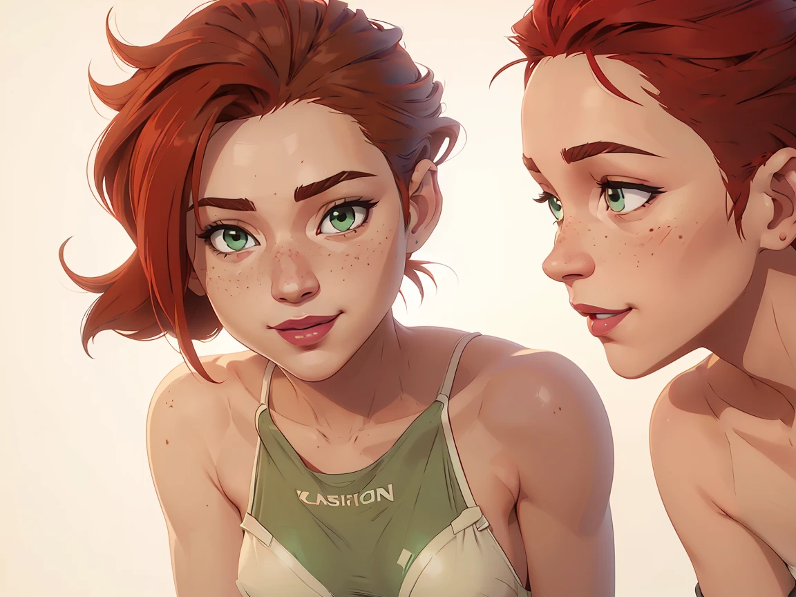 (((2 characters))), ((1guy, jon, a young guy in his 30s with asymmetric very short brown hair, green eyes, a flat nose, smooth skin, slim athletic body)), ((1girl, jennifer lawrence, 1girl, red haired chubby pale girl, green eyes, freckles, half asymetric red hair, cute, nude, small height, stain lipstick, long eyelashes, primer, cream eyeline, ((small breasts)), cute, beautiful, realistic style, highly detailed, 4k)), (((portrait close-up))), (((extremely exaggerated scowl, profile perspective)))