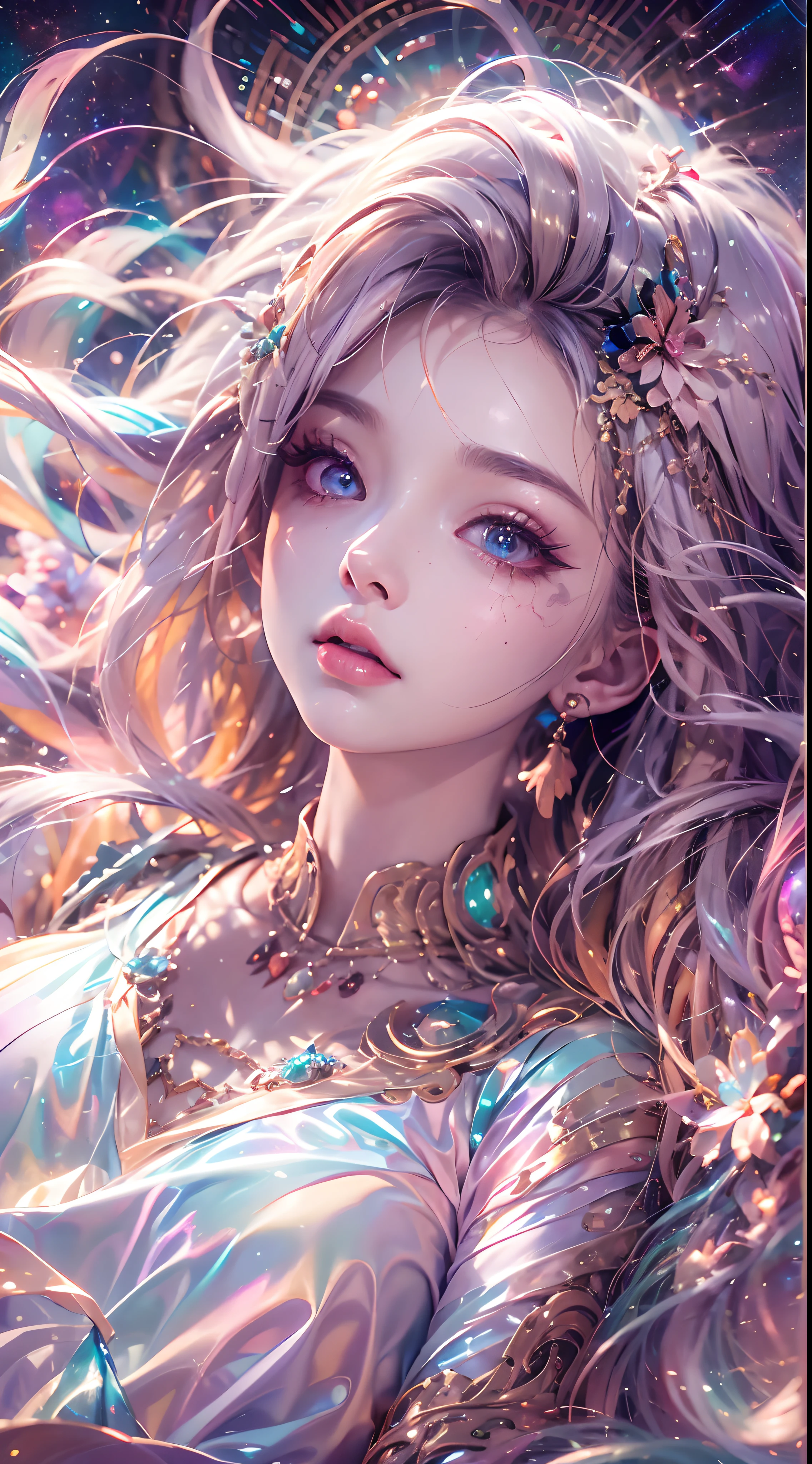1girll,(Enchanted quality:1.4),(High quality real touch skin), Delicate face,Black hair, Gradient hair,Large bust size, There are gems on the front, Wide eyes,Wide eyes,(eye focus),Surface concentration,Cosmic eyes,Space eyes,Brilliant pupils,Long eyelash,a smile, Hyperrealism, Cinema lighting, Inset projected, Surrealism, Hyper HD, Masterpiece, 16 kg,lie down,In the dream,Wear transparent silk pajamas,Carmelito,Legs slightly open,tattoo with,Imagination space,Luxurious space,PureErosFace_V1,Urzang-6500-v1 version.1,