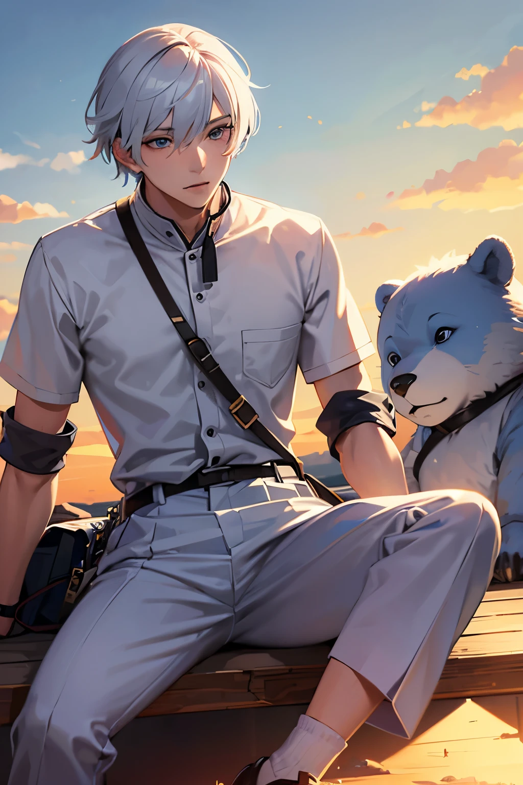 An Asian young man with white hair and sky-blue eyes is sitting on a cloud with his back to the setting sun and holding a bear bag in his mouth.