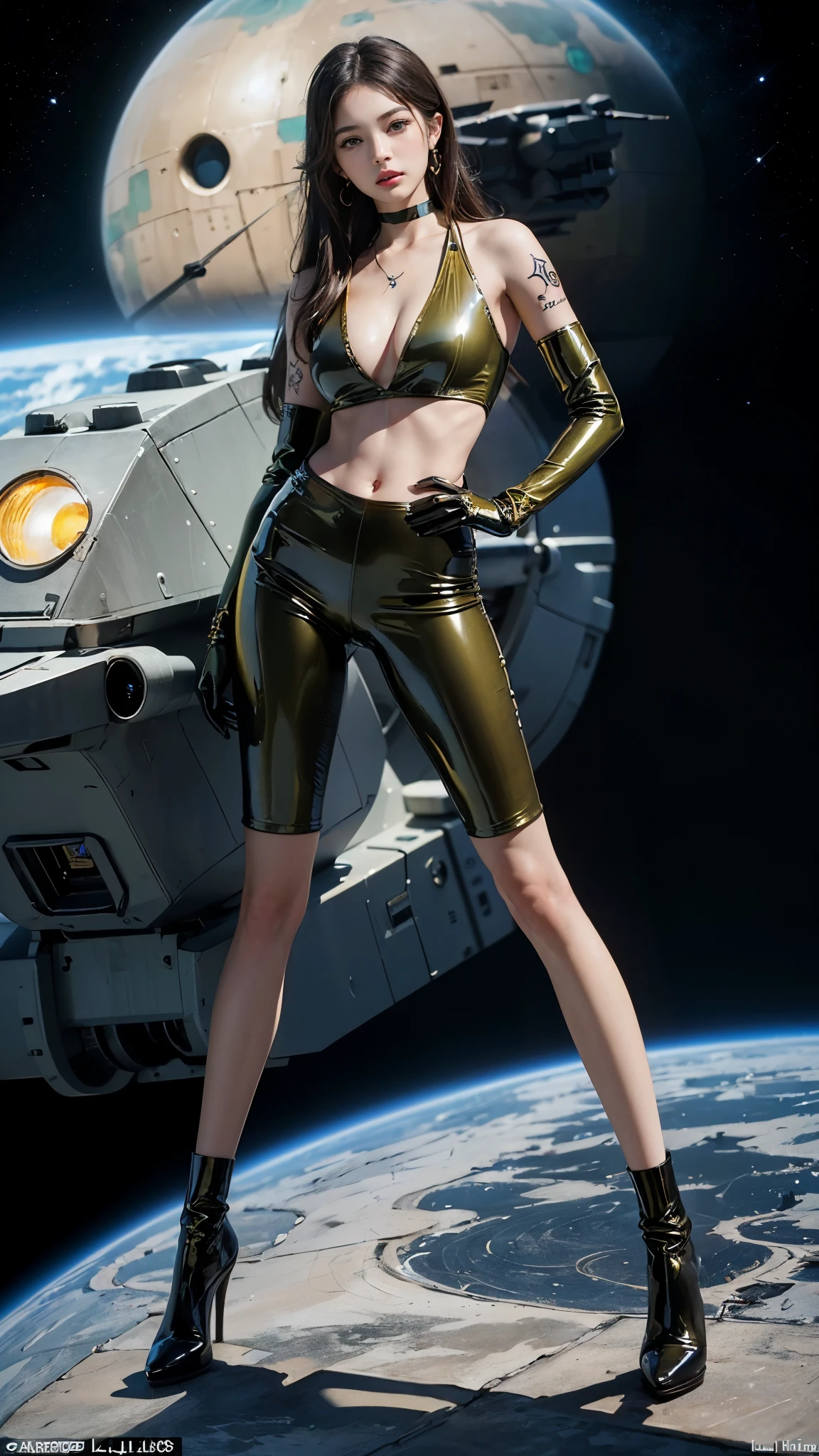 ((masterpiece:1.4)、(highest quality:1.4)、(Realistic:1.7))、Masterpiece:1.4、(Top-notch rendering:1.4)、(Yuki, the beautiful navigator of the Space Battleship Hikari:1.4)、Super Beauty航海士Yuki、(By Luis Royo:1.4)、(A uniform that accentuates your beautiful figure:1.2)、(Futuristic sci-fi battle fashion:1.2)、(Street Style Wear)、(Tight Fit Pants)、(Shiny luxury latex:1.4)、(Luxury yellow latex:1.4)、19 years old、(Cute Tattoos:1.4)、(Wearing yellow gloves)、Cute Girl、Super Beauty、(Seductive pose)、Sharp Focus、Portrait Photography:1.4、8k、Photorealistic images:1.4、(Perfect female body:1.4)、Perfect proportions、(Standing:1.4)、(Full body photography:1.4)、Beautiful Face、Fearless look、Beautiful Eyes、(A girl with a beautiful body and slender abdominal muscles)、(Narrow waist:1.4)、(9-body proportions beautiful girl:1.4)、(A beautiful girl with long legs and a good figure:1.4)、Beautiful feet:1.2、(Long Hair:1.2)、Heavy makeup、Eyeshadow、Glow Eye、Glow Lip、Beautiful breasts、Large Breasts:1.2、sexy ass、(Standing facing forward:1.4)、Raw photo、Red lips、Yellow high heels:1.4、choker:1.4、necklace:1.4、Earrings:1.4、1 Screen Display:1.4、Space Battleship Hikari&#39;s bridge:1.2