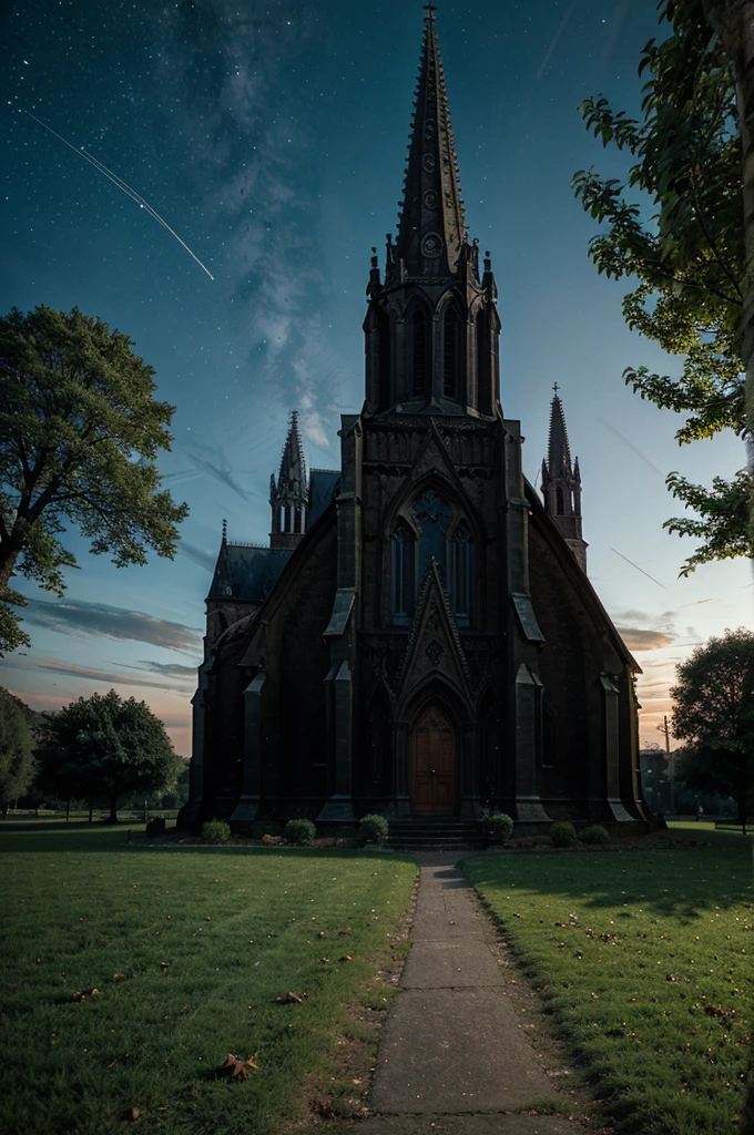 Gothic church on the left. In the background a night sky with few clouds. On the right side, a large tree with few leaves 