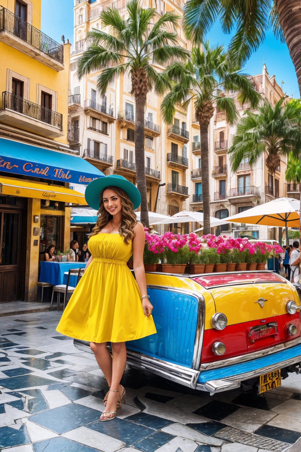 (best quality,highres,ultra-detailed:1.2), HDR, vivid colors, beautiful Latina girl ,big breasts , Barcelona square, lively atmosphere, charming architecture, colorful flowers, happy people, stunning view, cozy cafe, outdoor dining, sunny weather, elegant dress, stylish hat, joyful expression, long flowing hair, vibrant street performers, bustling crowd, street musicians, mouthwatering food stands, historical landmarks, mosaic pavement, decorative fountains, palm trees, blue sky, warm sunshine, laughter and laughter, carefree moments 