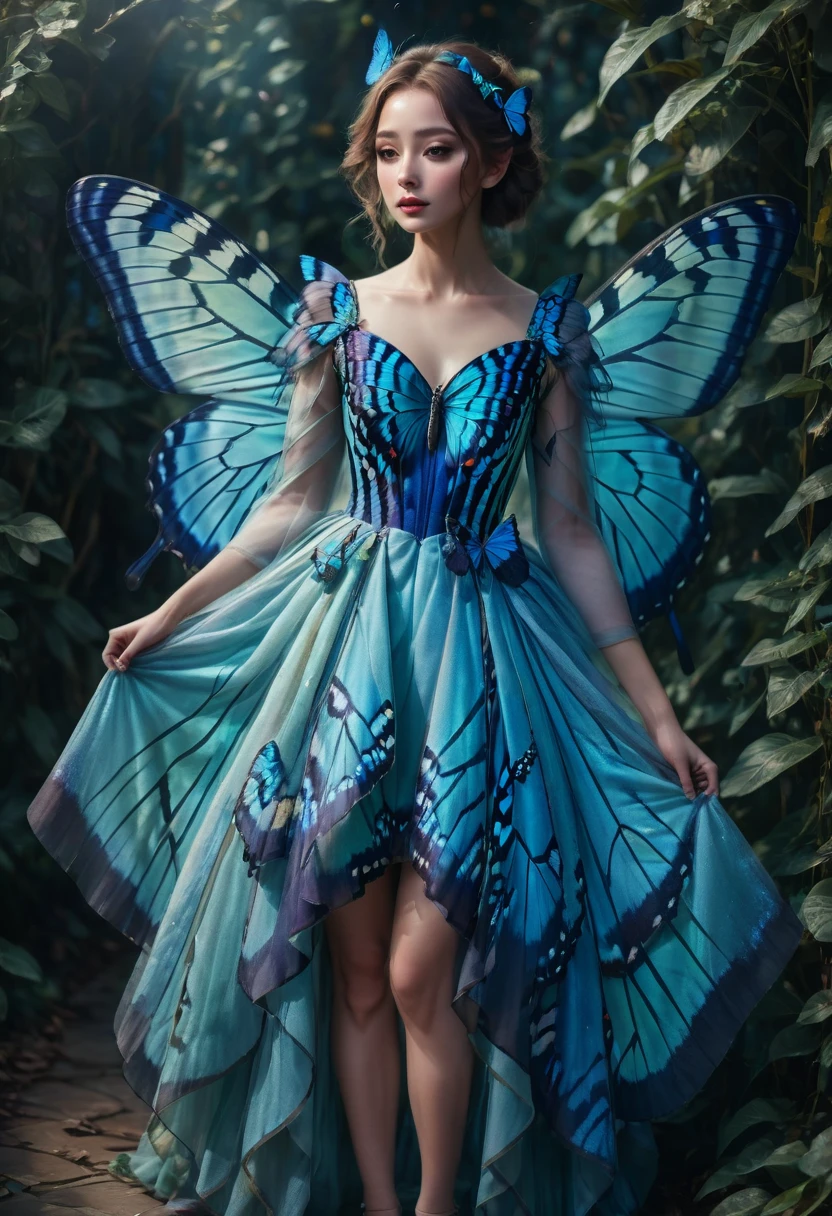 1girl, blue butterfly, butterfly dress, vibrant colors, delicate wings, flowing fabric, ethereal atmosphere, nature-inspired, dreamlike, soft lighting, intricate details, fantasy fashion, graceful movement, whimsical, magical, enchanting, surreal, painterly style, pastel tones, shimmering, elegant, enchanting, ethereal beauty