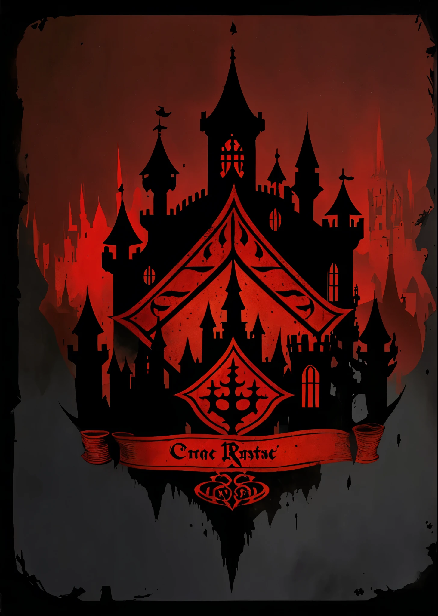 graphic design,Black and red main color,Dark medieval style,Magic Age,Parchment scroll old style,Blood stains texture,In the center of the picture is a dark castle,Title "royal coup",Card UI Design,HD,4K。