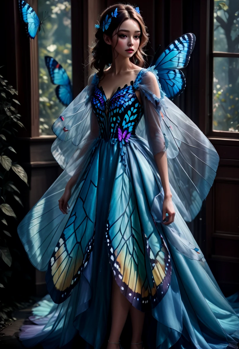 1girl, blue butterfly, butterfly dress, vibrant colors, delicate wings, flowing fabric, ethereal atmosphere, nature-inspired, dreamlike, soft lighting, intricate details, fantasy fashion, graceful movement, whimsical, magical, enchanting, surreal, painterly style, pastel tones, shimmering, elegant, enchanting, ethereal beauty