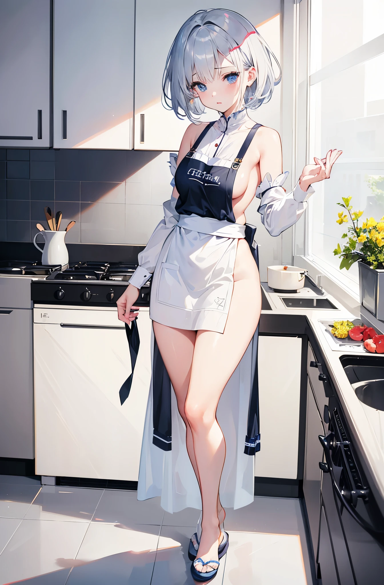 8K,Silver hair, very short hair, slanted eyes, medium breasts(C Cup)-Pale blue eyes、、8K, highest quality, masterpiece, Ultra-detailed、full lips、、、Blushing、lipstick、Perfect hands、Detailed hand、、full lips、Pale blue eyes、、perfect hands、detailed hands、Cover your butt with your hands、lipstick、、whole body、Cooking、Wearing an apron、Wearing slippers、Blushing、Kitchen at home、She is wearing an apron.、Backwards、Angle from below、Perfect hands、Detailed hand、naked、Full nudity、