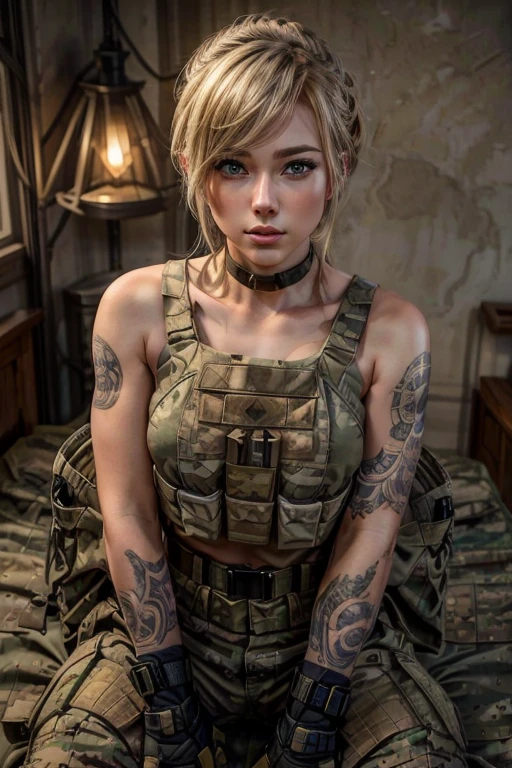 Masterpiece, a British 24 years old young female [Elizabeth II:Maude Adams:0.45] militray conscript at a British base in Northern Europe, She is wearing a  British pattern  camo military pants, a military kaki shirt   and military shoes. She is relaxing in a military bedroom with a shower in the background. Her gear is on a bed, she has a beautiful and relaxed face. She  has short blonde  hair in a ponytail with  grey-blue eyes. her skin is pale. relaxed pose, happy expression, relaxing, slightly seductive. there is a woman in a military uniform sitting on a bed, infantry girl, military girl, beautiful female soldier, resting after a hard mission, soldier girl, portrait of cute soldier girl, portrait of soldier girl, mechanized soldier girl, portrait of a female soldier, realistic soldiers, ready for combat, sergey zabelin, infantry girls, soldier, in a soldier uniform, 16K, ultra high resolution photorealistic, UHD, RAW