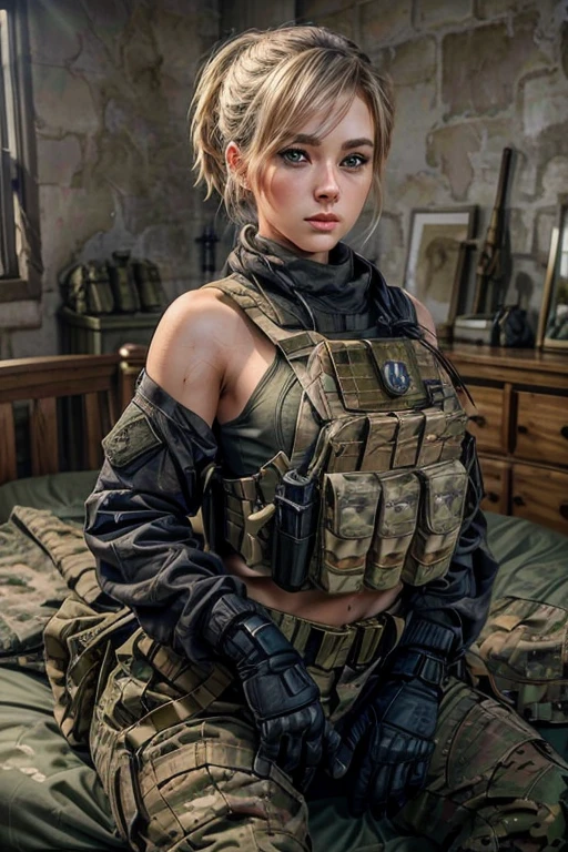 Masterpiece, a British 24 years old young female [Elizabeth II:Maude Adams:0.45] militray conscript at a British base in Northern Europe, She is wearing a  British pattern  camo military pants, a military kaki shirt   and military shoes. She is relaxing in a military bedroom with a shower in the background. Her gear is on a bed, she has a beautiful and relaxed face. She  has short blonde  hair in a ponytail with  grey-blue eyes. her skin is pale. relaxed pose, happy expression, relaxing, slightly seductive. there is a woman in a military uniform sitting on a bed, infantry girl, military girl, beautiful female soldier, resting after a hard mission, soldier girl, portrait of cute soldier girl, portrait of soldier girl, mechanized soldier girl, portrait of a female soldier, realistic soldiers, ready for combat, sergey zabelin, infantry girls, soldier, in a soldier uniform, 16K, ultra high resolution photorealistic, UHD, RAW
