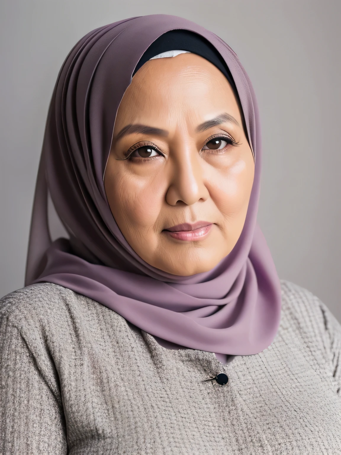 (Realistic) ((Hijab)) (real mature face) 68 Years old fat Brunei mature woman (chubby body shape), Big  : 34.9, professional photography with excellent lighting