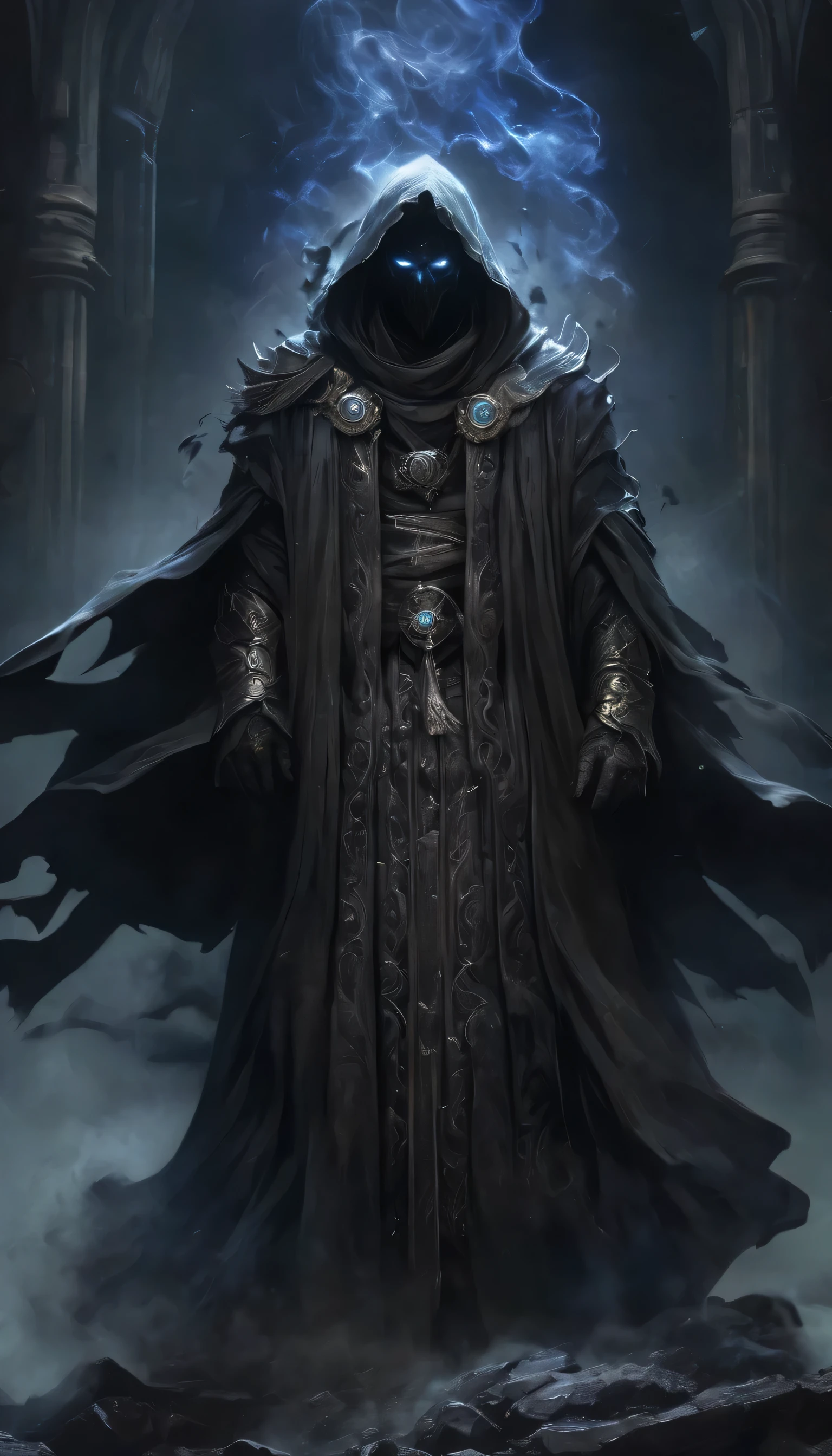 A mystical specter draped in robes adorned with HP insignias. It controls time and space, casting potent spells and summoning arcane constructs to defend itself, boss monster, fierce expression, looking down, scary look, mean look, fierce, black color, wide shot, long shot, detailed background, ruins, dungeon, epic battle, hero vs monster, full, uncropped subject, dust, wind, dark, dim light, volumetric lighting, Hyperrealism, breathtaking, ultra realistic, ultra detailed, cinematic lighting, highly detailed, breathtaking, photography, stunning environment, wide-angle, black smoke