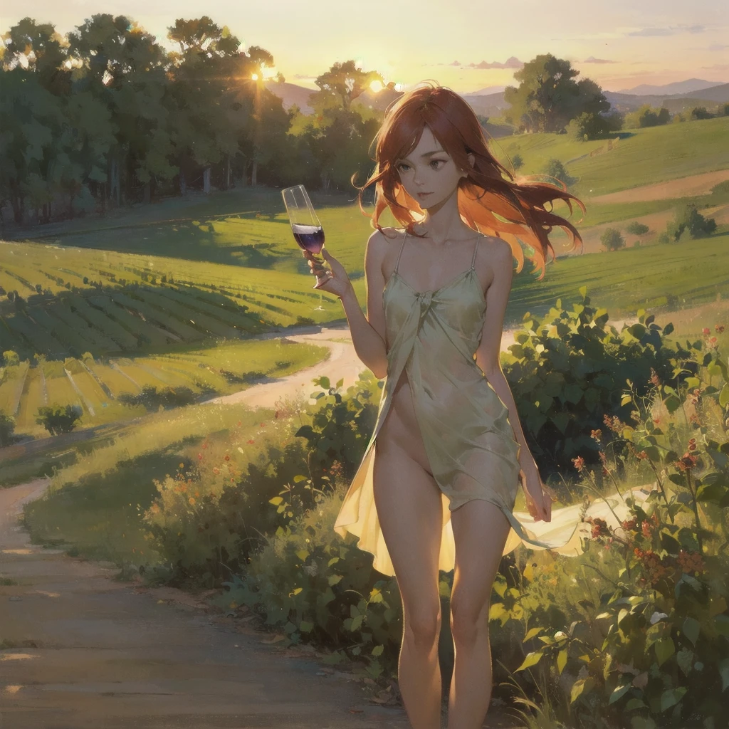 Beautiful slender thin exquisite (nude) girl  with a perfect face of the southern type with red hair with delicate beautiful expressive breasts with tender nipples barefoot with bare hips ((with red pubic hairs)) ((in a short open summer green sundress over a naked body)) walks along a brick road in the middle of a flowering field (with a glass of wine), in a gentle watercolor style, Discreet shades, sfumato, haze, diffused dim light, delicate mint shades, imitation of film photography, (olive and grape groves, Brick Road), (High image quality, Maximum detail), (sunset lighting, Warm evening shades, warm golden and olive sunset light)