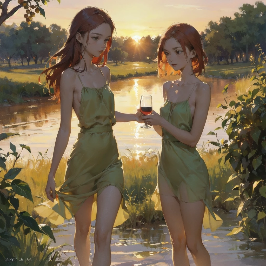 Beautiful slender thin exquisite (nude) girl 16 years old with a perfect face of the southern type with red hair with delicate beautiful expressive breasts with tender nipples barefoot with bare hips ((with red pubic hairs)) ((in a short open summer green sundress over a naked body)) walks along a brick road in the middle of a flowering field (with a glass of wine), in a gentle watercolor style, Discreet shades, sfumato, haze, diffused dim light, delicate mint shades, imitation of film photography, (olive and grape groves, Brick Road), (High image quality, Maximum detail), (sunset lighting, Warm evening shades, warm golden and olive sunset light)
