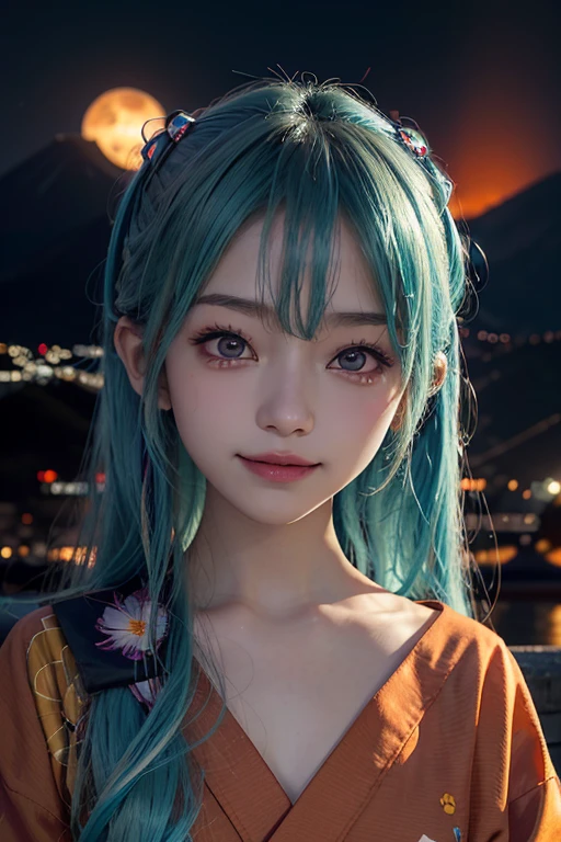 15 years old、woman、masterpiece, Hatsune Miku,yukata、Evil Smiley Face, Dark Skin, Red eyes, Iris, Pupil orange,A hilltop with a view of Mt. Fuji、front、cheek