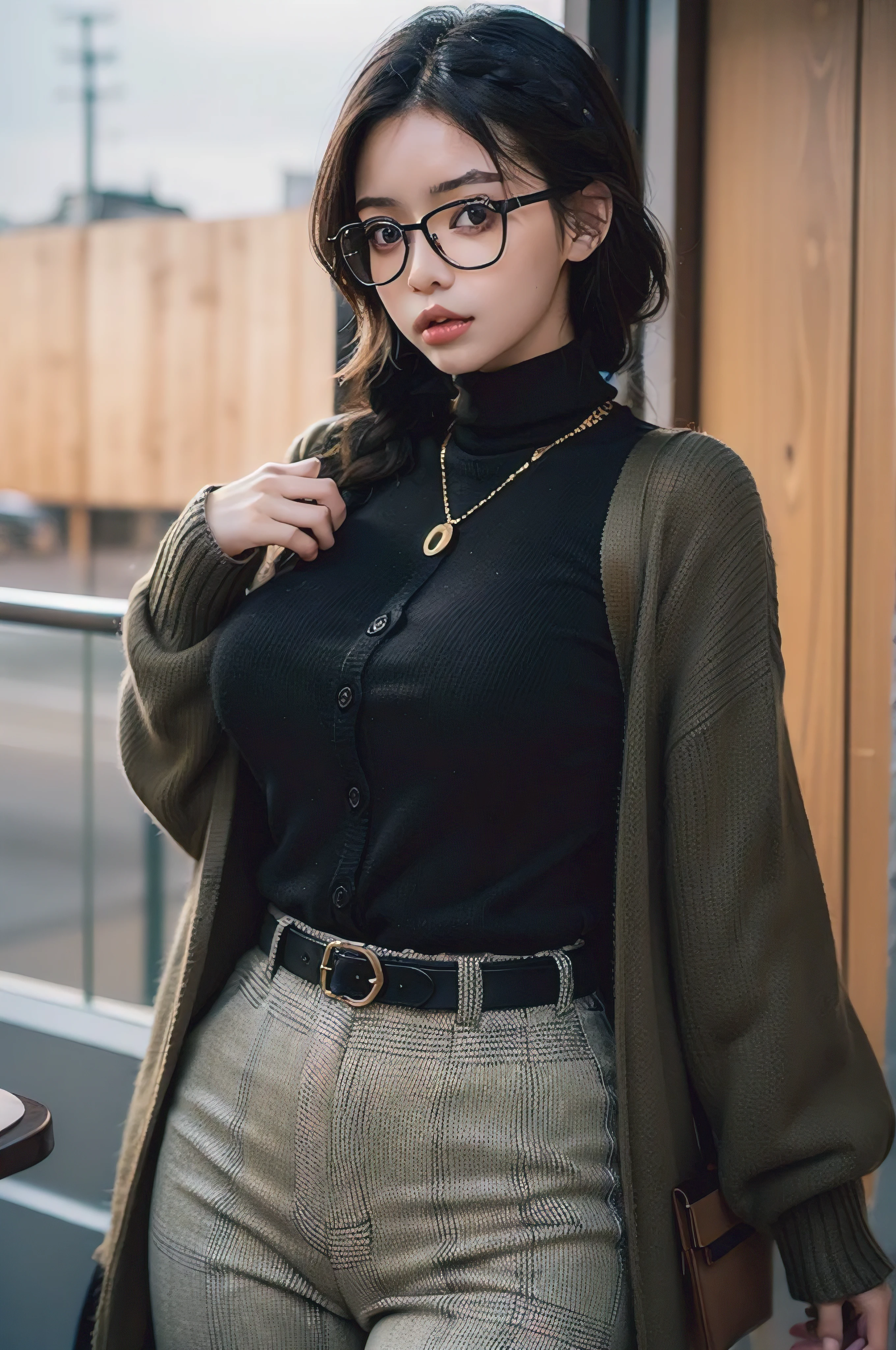 (masterpiece1.5),adult lady,Huge breasts,Solo,(((braid))), Long hair, half-opened mouth,(Red Frame Glasses),(Black hair), (large eyes with double eyelids),(Thick lip),(lofty nose),(High gauge (tight fitted:1.1) (Black:1.3) turtle neck:1.1), (Tuck-in:1.3), (Orange Cardigan:1.2), (checkered (Dark olive green) Tapered pants:1.3), Dark brown belt, Gold necklace, (Dark brown:1.1) lowfers,Nice backgrounds for your subject、beatiful backgrounds、spot light、Vibrant colors、(((Detailed drawing)))、Perfect Beautiful Girl