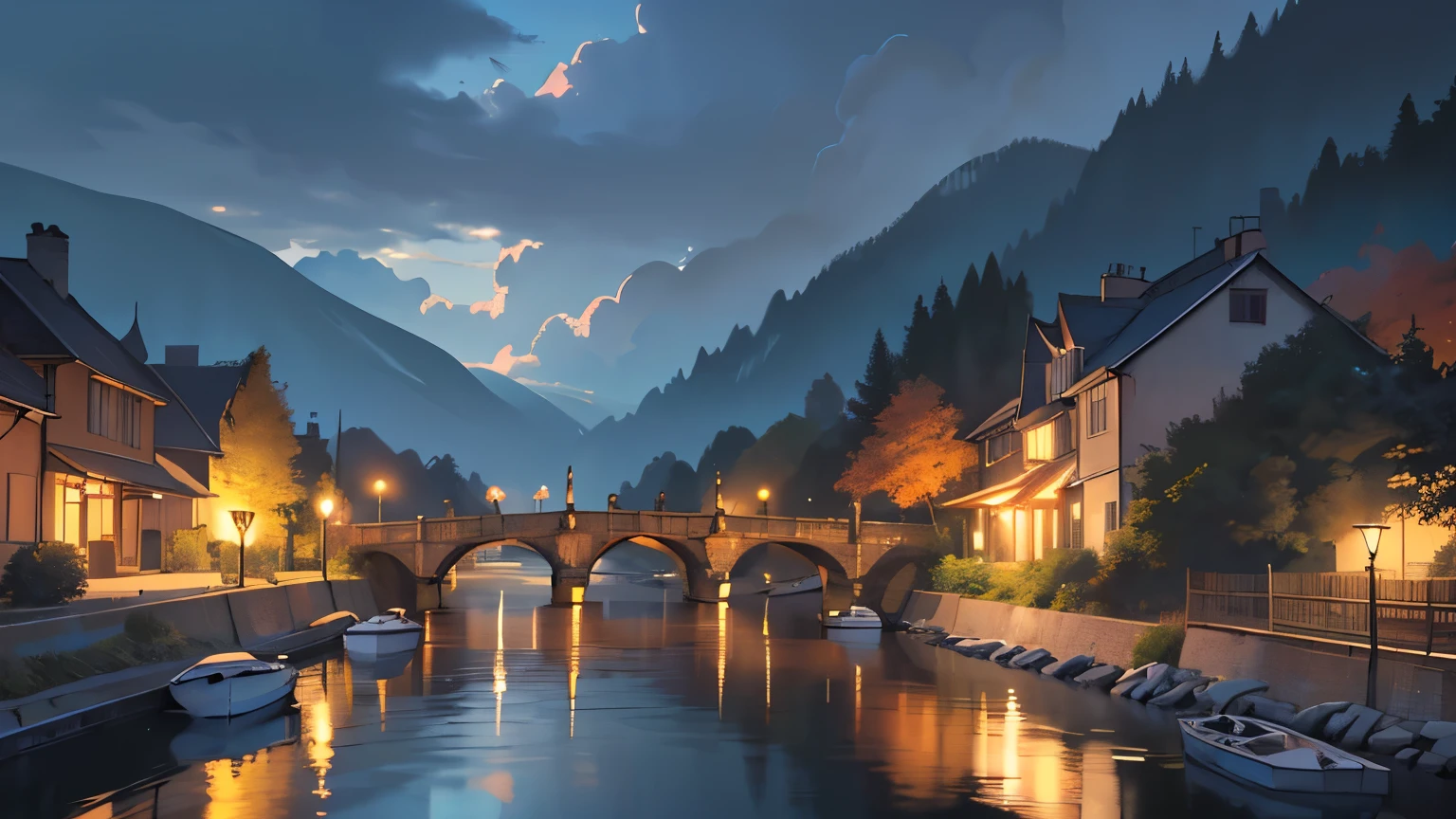 ((best quality)), ((masterpiece)), (detailed), (4K resolution), (high definition), (meticulous detail), (vibrant colour), (HD quality), (ultra high res:1.4), (masterpiece), (beautiful lighting:1.4), ((no_human)), scenery, mountain, no_humans, stairs, outdoors, cloud, tree, sky, cloudy_sky, building, lantern, house, bridge, window, railing, water, night, ((are boats in the river)), Lord of The Ring scene