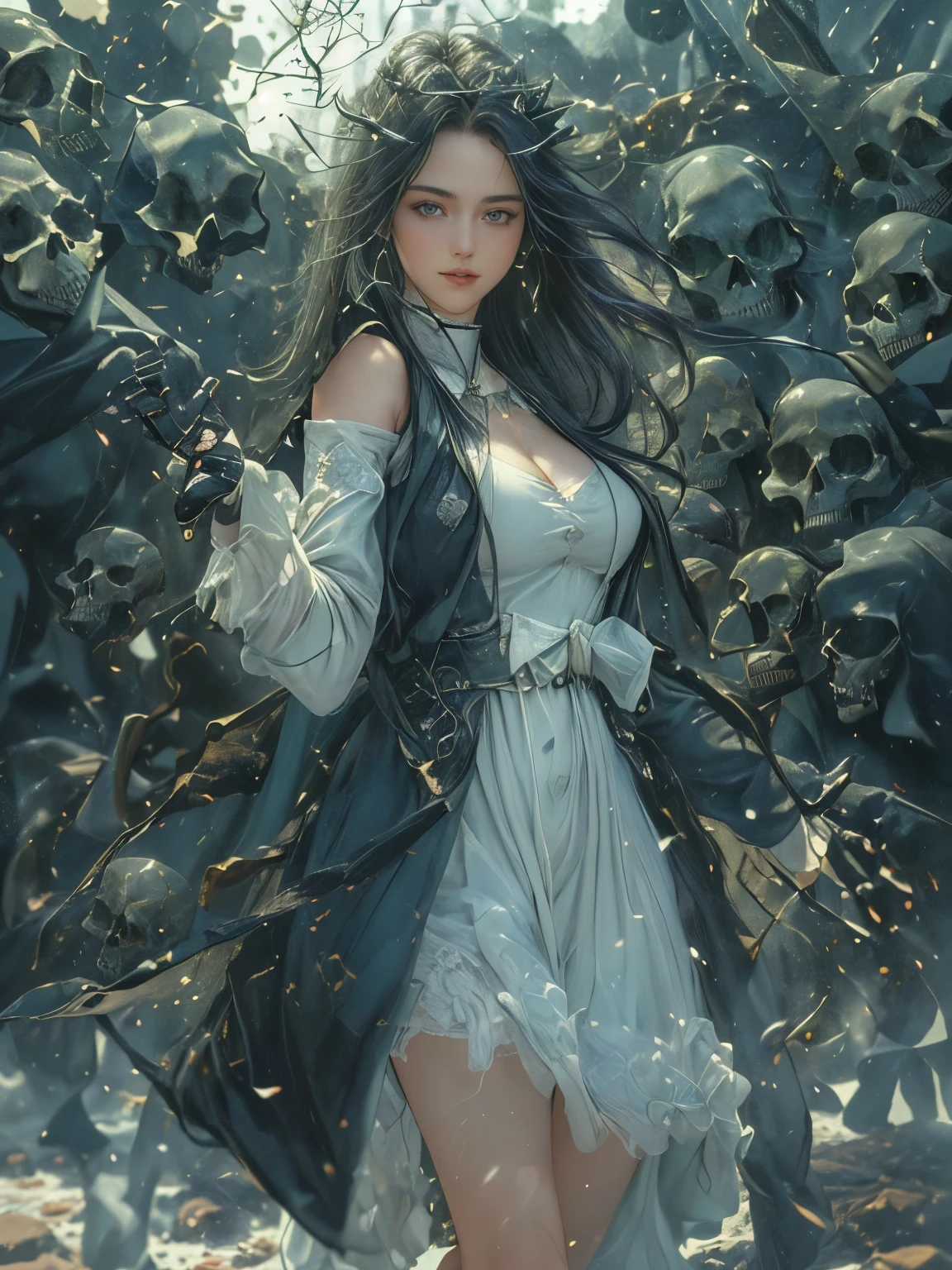 ((((masterpiece, Best Quality, High resolution)))), extremely detailed 8K, {(1 girl:1.6), sexy Beautiful 17 years old girl with slim body, reaper:1.3}(Ultra HD, Ultra-detailed, Highly detailed, Highly realistic, Ultra-realistic, photos realistic),{ deep depth of field, (god ray:1.2), (bounced front lighting:1.1), (soft diffused lighting:1.6) } (1girl:1.5), black long hair, (dynamic sexy poses), (very delicate and natural hair:1.3), facing at camera, light smile, (big firm bouncing breasts: 1.6), (very delicate and natural face, very delicate and natural eyes:1.3),(very delicate and natural clothes:1.2),(cristal blue eyes:1.2),{wearing green (long coat:1.6)}, {(night:1.2) outside, stand, a lot of (lightnings:1.2) in (night:1.5) sky:1.3}, {(black roses:1.2), (a lot of skulls on ground:1.4),night rose garden:1.2}