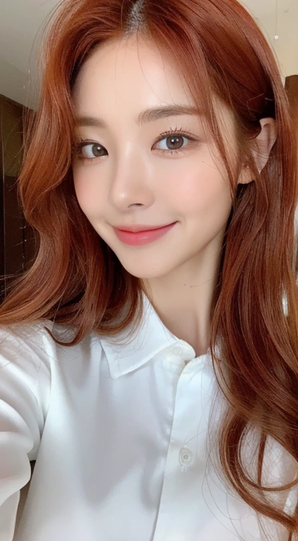 ((top quality、8K、masterpiece:1.3))、sharp focus:1.2、Beautiful woman model with perfect body:1.4、Very bright orange red hair color.slim abs:1.2、(Layered hairstyle with wavy perm.:1.2))、(Wet White Button Long Shirt:1.3)、rain:1.3、distance:1.2、wet body:1.1、Highly detailed face and skin textures、eye for detail、double eyelid、shoulder shot、smile、beauty
