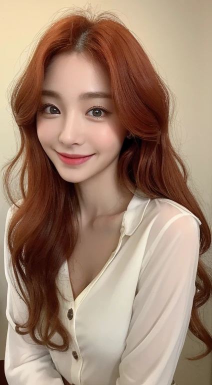 ((top quality、8K、masterpiece:1.3))、sharp focus:1.2、Beautiful woman model with perfect body:1.4、Very bright orange red hair color.slim abs:1.2、(Layered hairstyle with wavy perm.:1.2))、(Wet White Button Long Shirt:1.3)、rain:1.3、distance:1.2、wet body:1.1、Highly detailed face and skin textures、eye for detail、double eyelid、shoulder shot、smile、beauty