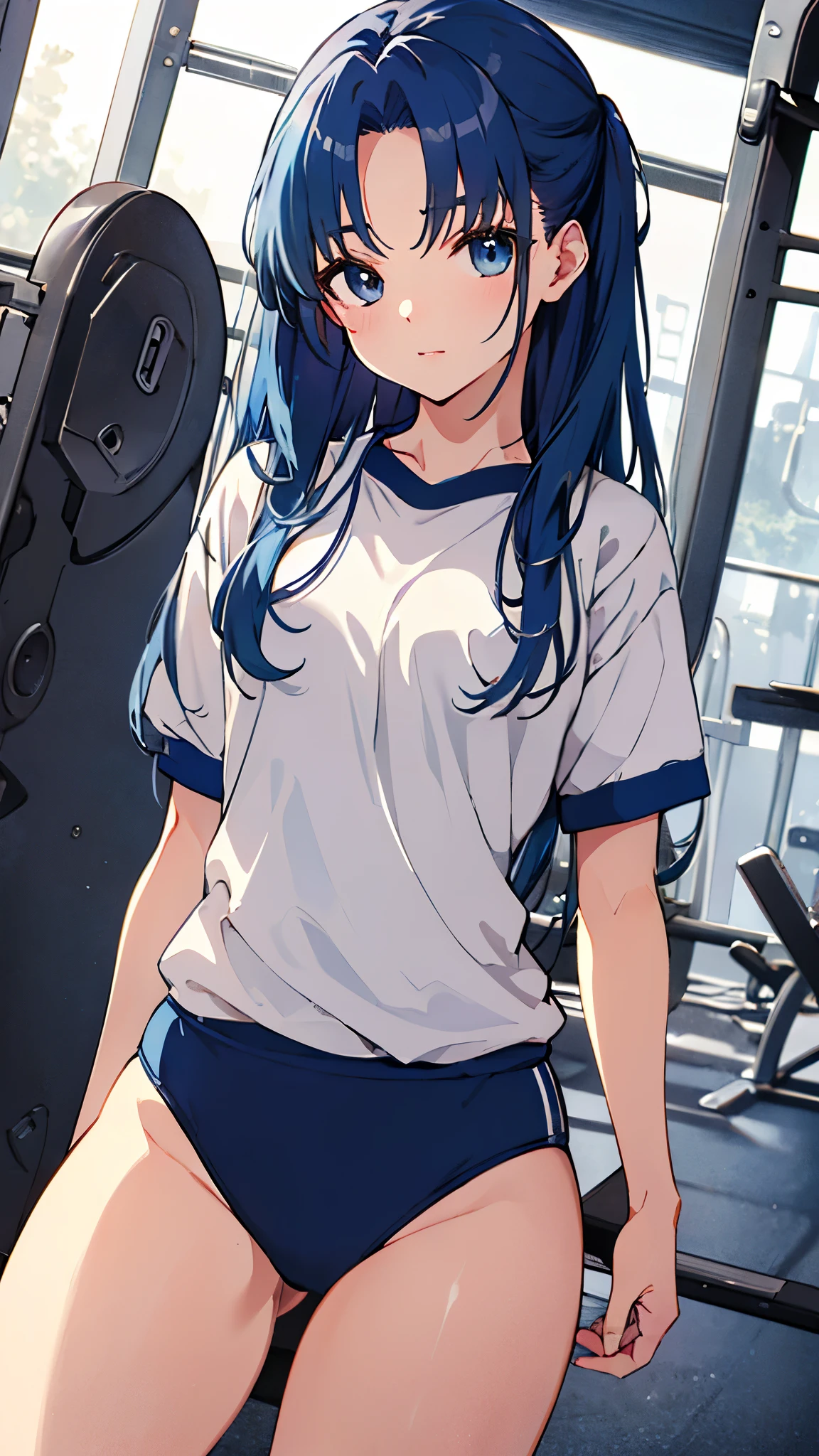 ryouko asakura, blue hair, blue eyes, long hair,(white gym uniform,dark blue buruma:1.5),masterpiece,Noise Reduction,perfect anatomy,high resolution, ultra-detailed,game cg,dutch angle ,beautiful detailed eyes,visualart,five fingers, perfect hands, perfect lighting,