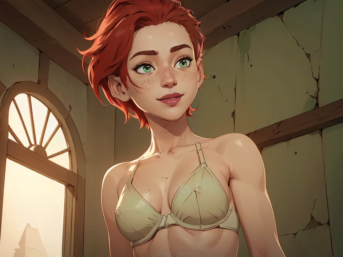 (((2 characters))), ((1guy, jon, a young guy in his 30s with asymmetric very short brown hair, green eyes, a flat nose, smooth skin, slim athletic body)), ((1girl, jennifer lawrence, 1girl, red haired chubby pale girl, green eyes, freckles, half asymetric red hair, cute, nude, small height, stain lipstick, long eyelashes, primer, cream eyeline, ((small breasts)), cute, beautiful, realistic style, highly detailed, 4k, embarrassed expression)), kissing, (((exaggerated open mouth laugh)))