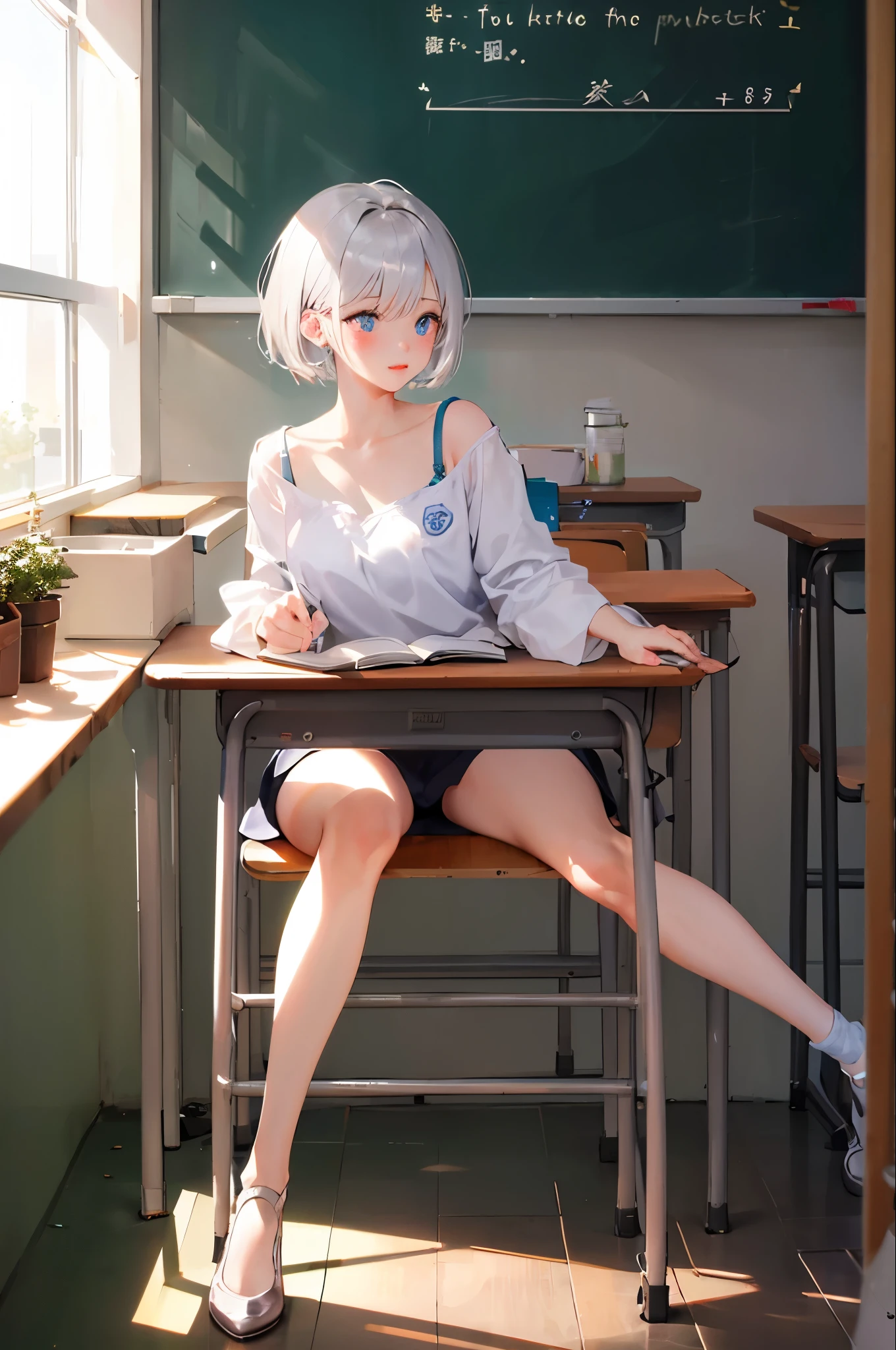 、M-shaped legs、８K,Silver hair, very short hair, slanted eyes, medium breasts（C Cup)-Pale blue eyes、、８K, highest quality, masterpiece, Ultra-detailed、full lip、M-shaped legs、classroom、blackboard,Blushing、