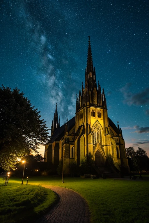 Gothic church on the left. In the background a night sky with few clouds. On the right side, a large tree with few leaves
