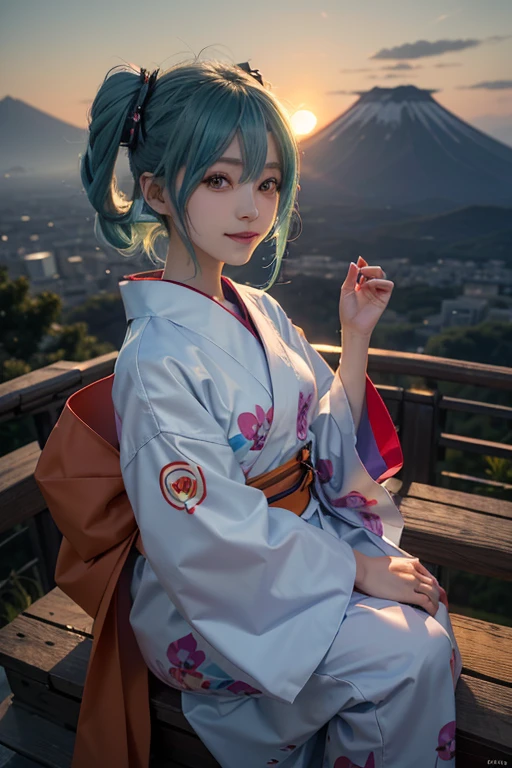 15 years old、woman、masterpiece, Hatsune Miku,yukata、Evil Smiley Face, Dark Skin, Red eyes, Iris, Pupil orange,A hilltop with a view of Mt. Fuji、front、cheek,
