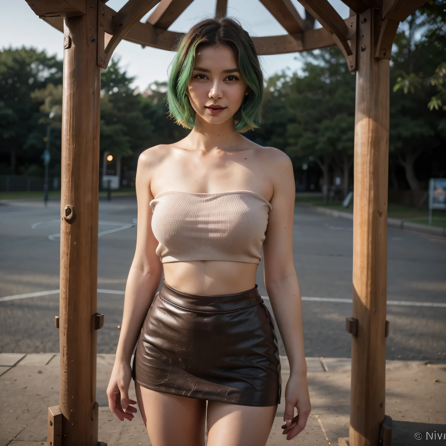 1girls, Nur, green Hair , 24 years old , full bloom, Lens flare, (8K, primitive, professional, Best quality, Masterpiece:1.2), (Realistic, Photorealistic:1.37), Ultra detailed, (25mm portrait wide angle), (highest detail view :1,2), (highest) detailed face:1,2), Cinematic lighting, 1girl, China, (ventania), Standing on the playground, Background ferris wheel, Perfect body beauty: 1,4, Miniskirt, stylish blouse, night time, warm white light, look at the camera, polite smile, short hair, hair at shoulder length, slightly above the shoulder, flawless, extremely realistic, make-up in vibrant shades, wear burgundy lipstick, Best Quality, 8K, Masterpiece:1.3)), Focus: 1.2, Perfect Body Beauty: 1.4, Hips: 1.2, ,  High Detail Facial and Skin Texture, Thin Eyes, Double Eyelids, , , Let it be in the amusement park, let it be toys