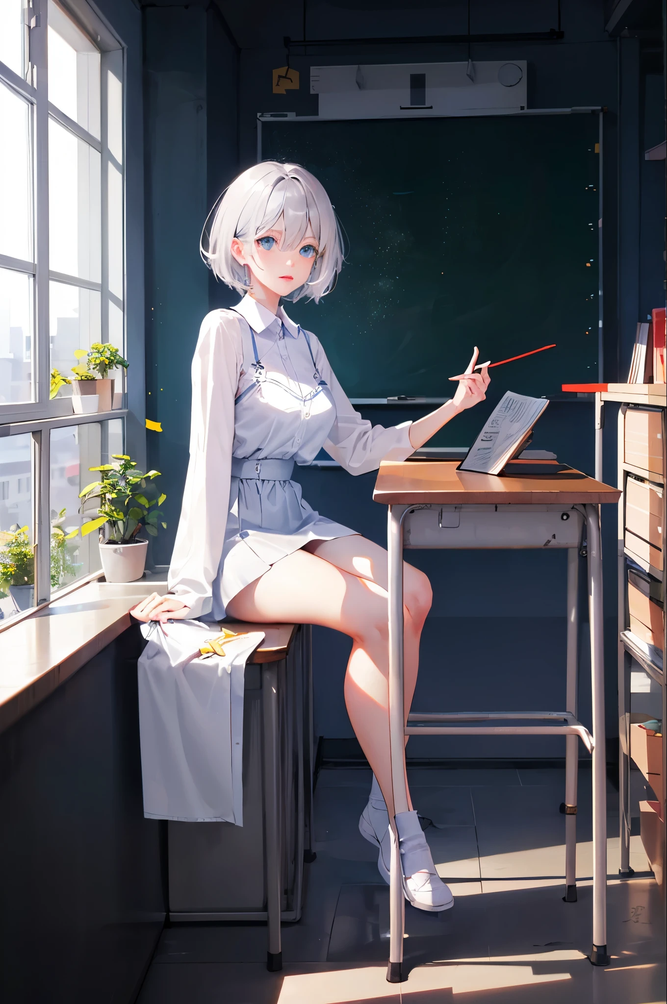 、M-shaped legs、8K,Silver hair, very short hair, slanted eyes, medium breasts(C Cup)-Pale blue eyes、、8K, highest quality, masterpiece, Ultra-detailed、full lip、M-shaped legs、classroom、blackboard,Blushing、