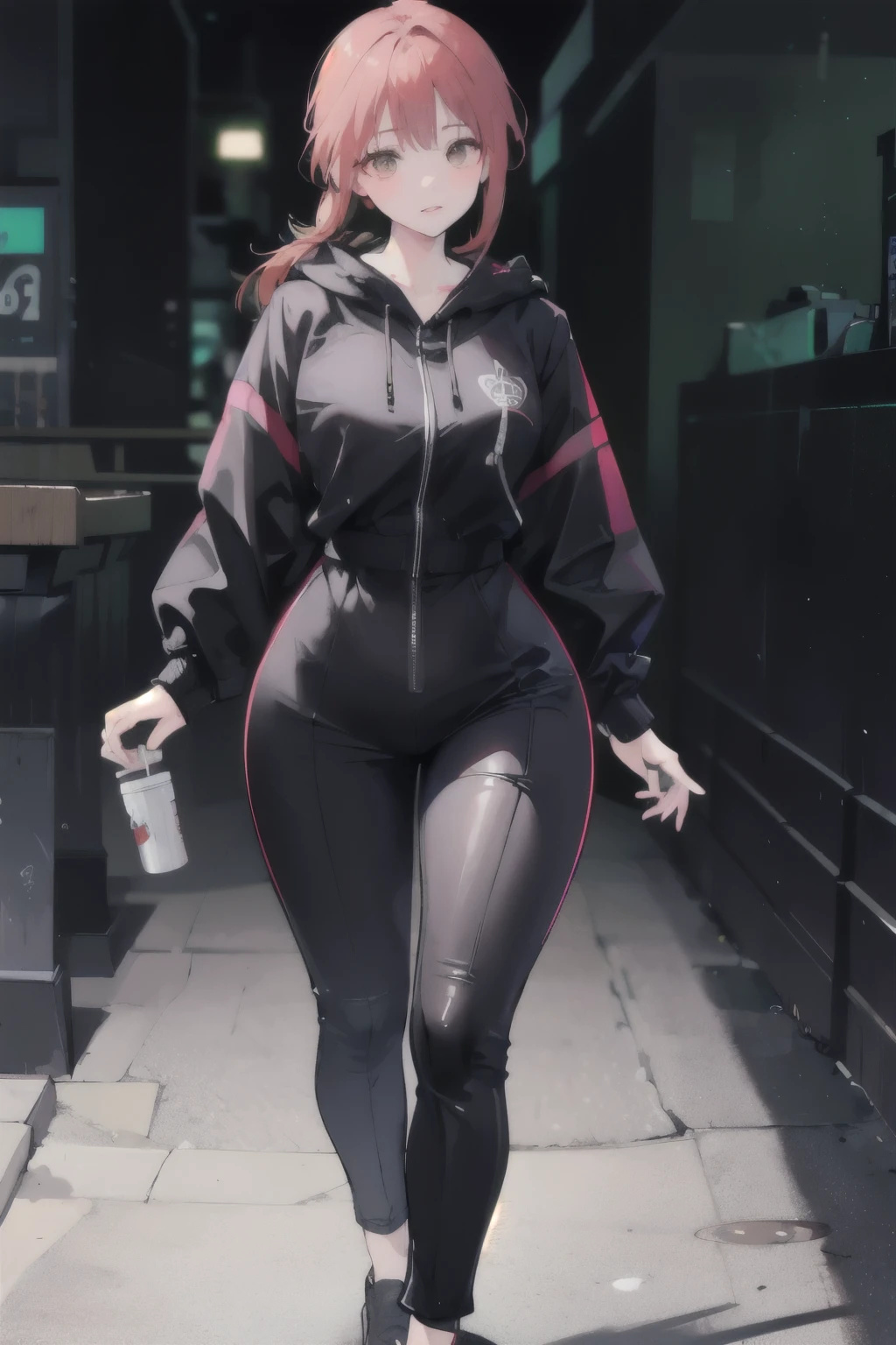 a scared and embarrassed redheaded woman, hair in a ponytail, her bright eyes super detailed, full lips painted red, chiseled physique and wide hips. She wears a closed black leather jumpsuit, whose shiny surface accentuates her shape. A windbreaker with a hood and a neon pink interior covers your shoulders and a pleased skirt. Walking down a busy street, she attracts glances from onlookers. This image exudes realism, capturing the essence of a fragile and embarrassed figure. Digital art, high definition and photorealistic technique