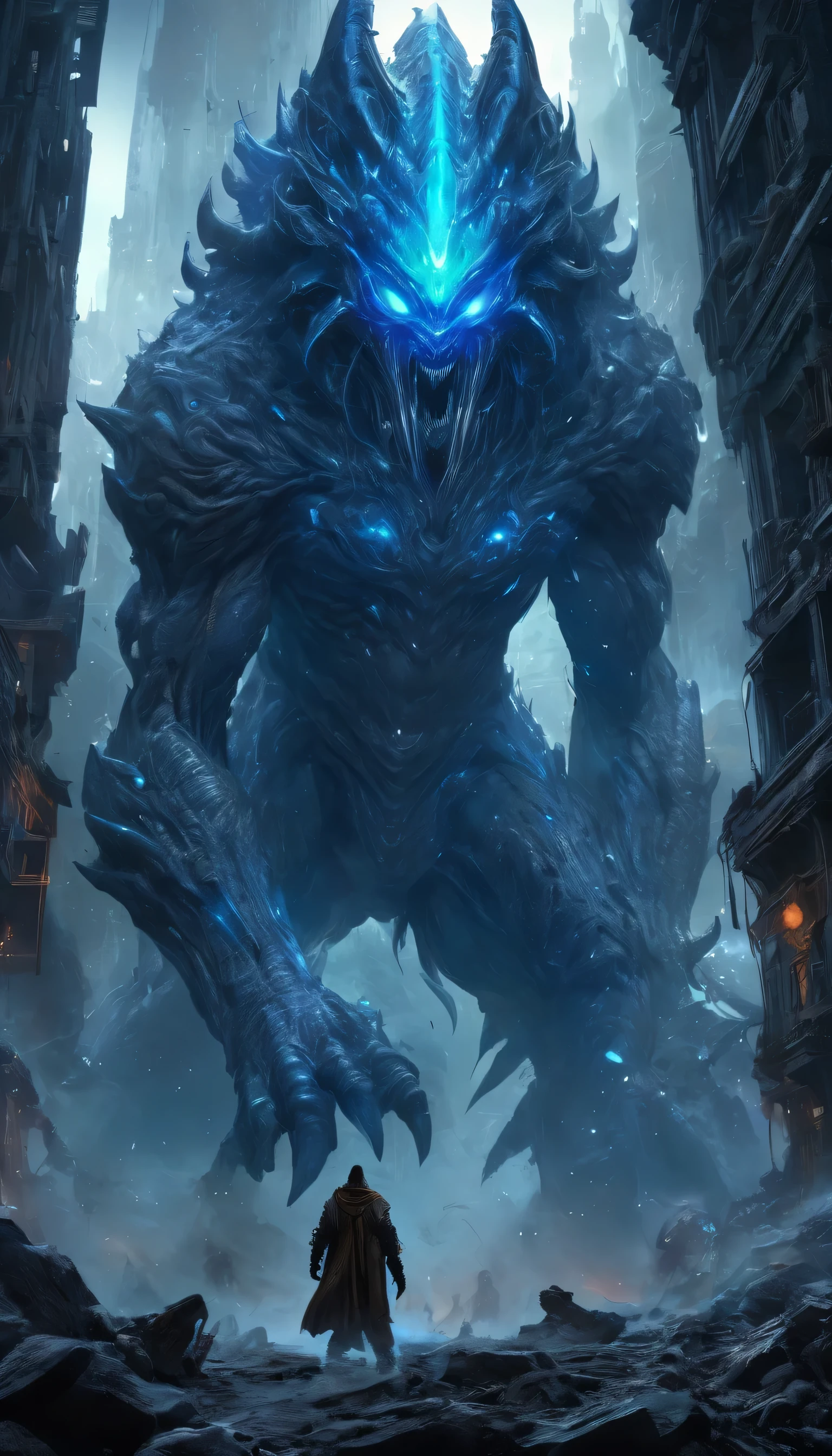 A massive, biomechanical creature of alien origin its form adorned with pulsating Dell symbols that glow blue with otherworldly energy, This Xenotech Behemoth towers over its opponents, its metallic carapace bristling with strange appendages and cybernetic enhancements, long head, boss monster, massive size, fierce expression, looking down, scary look, mean look, fierce, massive body, wide body, blue color, blue body, alien, wide shot, long shot, kaiju, massive monster, detailed background, ruins, dungeon, epic battle, hero vs monster, full, uncropped subject, dust, wind, dark, dim light, volumetric lighting, Hyperrealism, breathtaking, ultra realistic, ultra detailed, cinematic lighting, highly detailed, breathtaking, photography, stunning environment, wide-angle