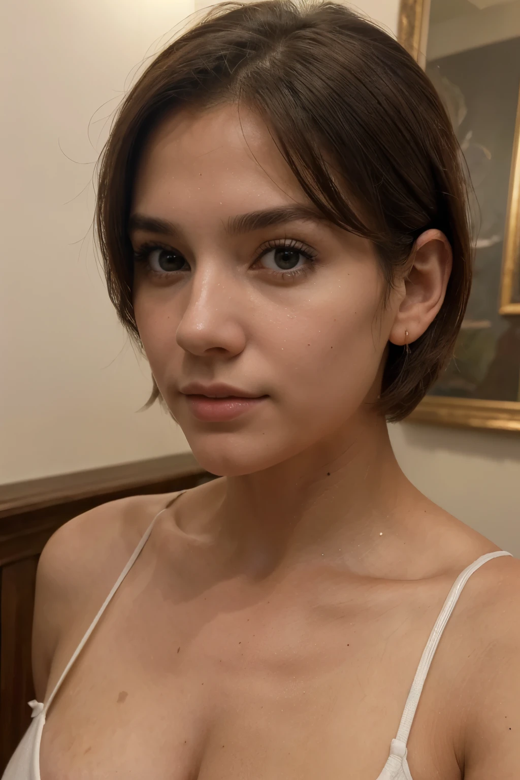 (obra maestra: 1.2, Masterpiece: 1.2, Superior Quality), Realistic, (Realistic Picture, Complex Details, Depth of Field, Superior Quality, Masterpiece), Highly Detailed, 1 Girl, SELFIE, 21 years old, Brown hair , Short hair reaching shoulders, Gray eyes, selfie
