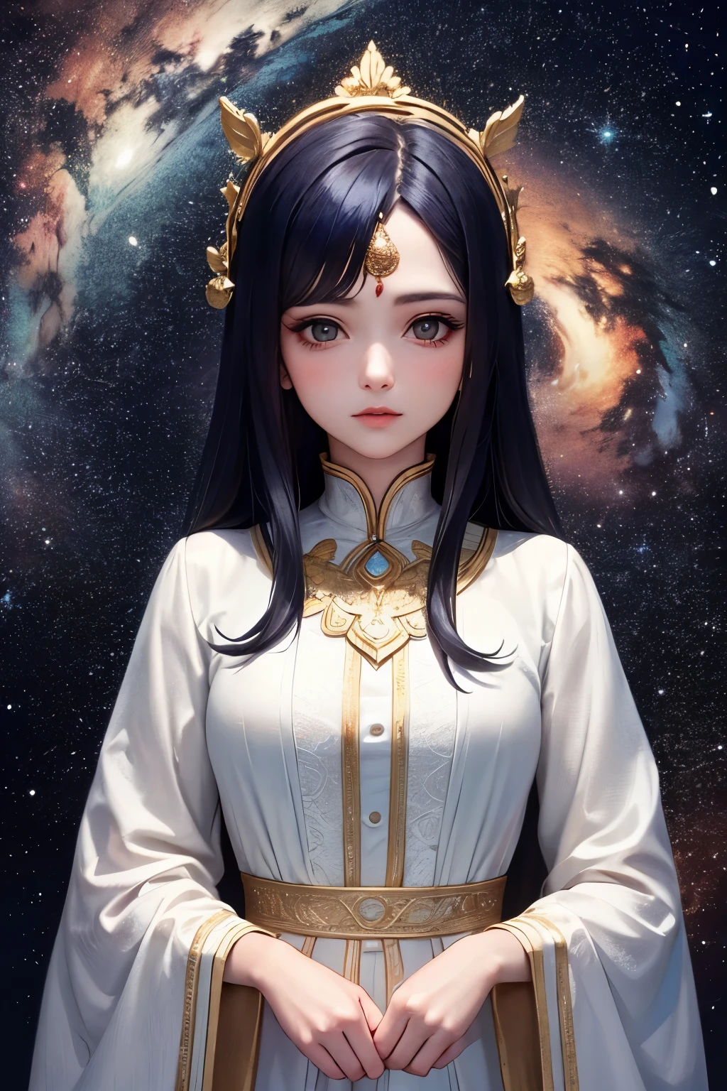 rosto feminino realista, (obra de arte, Maximum quality, melhor qualidade, Arte Oficial, beautiful and aesthetic: 1.2), Muito detalhado, Colorida, Mais detalhado, (1 garota: 1.3),mulher de cabelo rosas e azuis, olhos brilhantes, serious, cabelo curto, Milky Way, sonhar, fantasia, beautiful detailed sky, delicada placa de guarda-corpo de vidro refletivo e alto