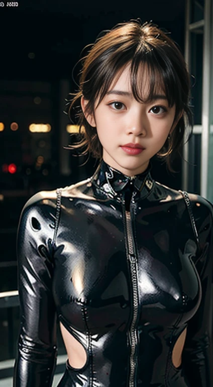 (8k, RAW Photos, highest quality, masterpiece:1.2), (Realistic, photo-Realistic:1.37),(Japanese Idols), cute,Professional Lighting, Photon Mapping, Physically Based Rendering, Cosplay, Lucy ,(cyber punk),Bobcut,Machinery Parts,Grey Eyes, Black rubber material,(Bodysuits),cyber punk city, Black trousers,night,Neon Light,sexy,cigarette, View your viewers,, 8K High Resolution, 8k, CG wallpaper, Realistic, Clear Background, Medium chest, whole body