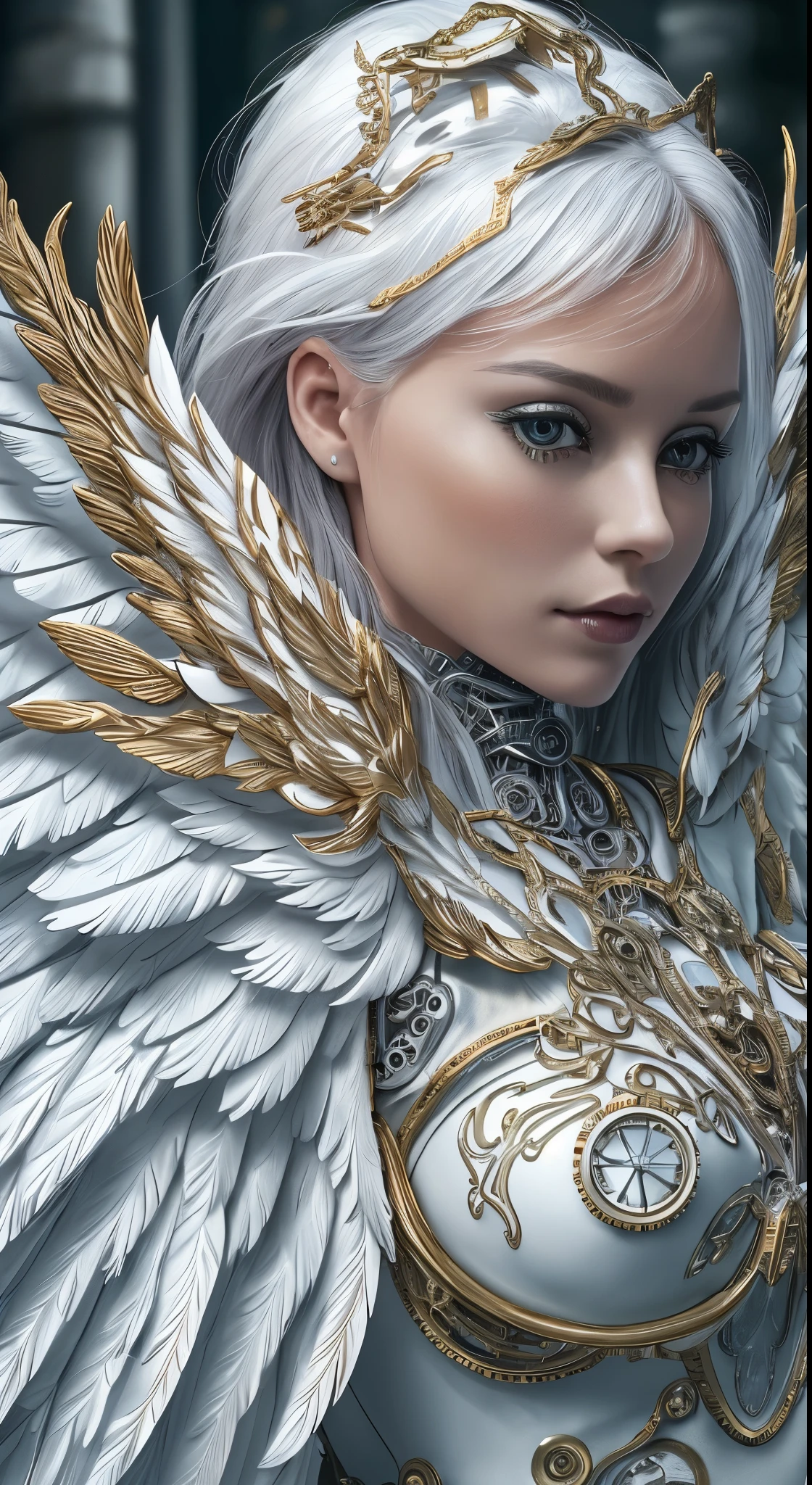 Close-up of a woman in a white dress with wings, Angel all over, Futuristic robot angel, Amazing angel wings, Angel Knight Gothic Girl, Angel in plastic armor, Intricate costume design, As the mysterious Valkyrie, Its whole body is made of white feathers,, Futuristic and fantastical, White Wings, Beautiful angel wings, Steampunk Angel, Beautiful cyborg angel girl, Graceful Wings