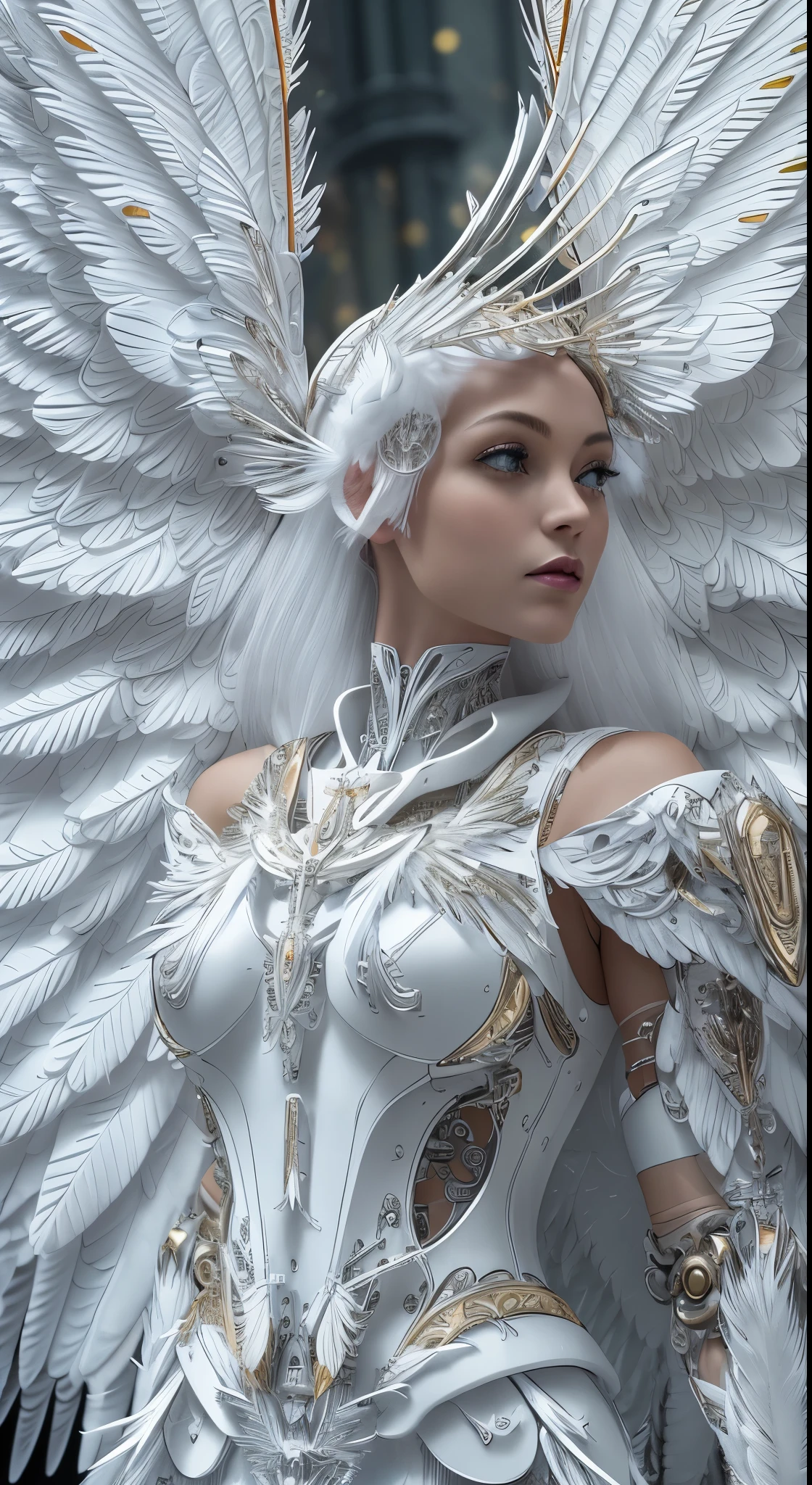 Close-up of a woman in a white dress with wings, Angel all over, Futuristic robot angel, Amazing angel wings, Angel Knight Gothic Girl, Angel in plastic armor, Intricate costume design, As the mysterious Valkyrie, Its whole body is made of white feathers,, Futuristic and fantastical, White Wings, Beautiful angel wings, Steampunk Angel, Beautiful cyborg angel girl, Graceful Wings