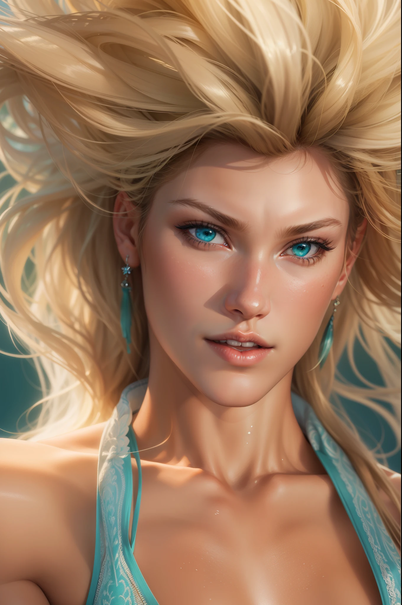 ( high quality , Super detailed, Watch your hands )Zodiac sign - Gemini Goddess , Similar to the goodness of Latin , Twin Goddesses , Curious, Skillful, Humorous, Fascinating, Imaginative faces , Sometimes unrealistic, Restless, Nervous, Careless style , Light brown eyes , Light blonde hair , Transparent dress , In the windy sea , whole body , Sexy Makeup ,