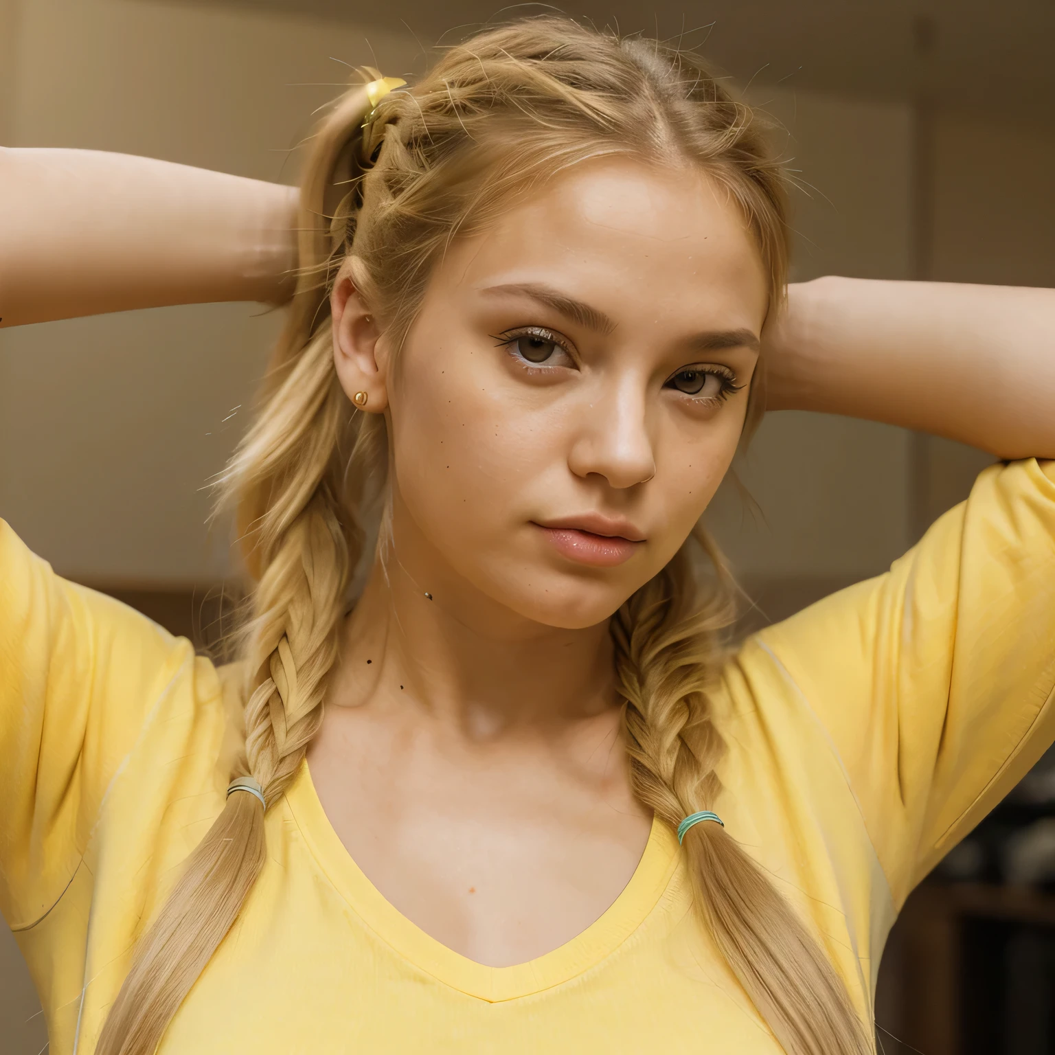 (epicrealism, close-up of a young woman with long hair and a yellow shirt, blond hair with ponytails, plump lips, small-size chest, Piercing in lower lip, large angel wings on the neck, HDR, ultra-detailed, realistic, portraits, vibrant colors,)