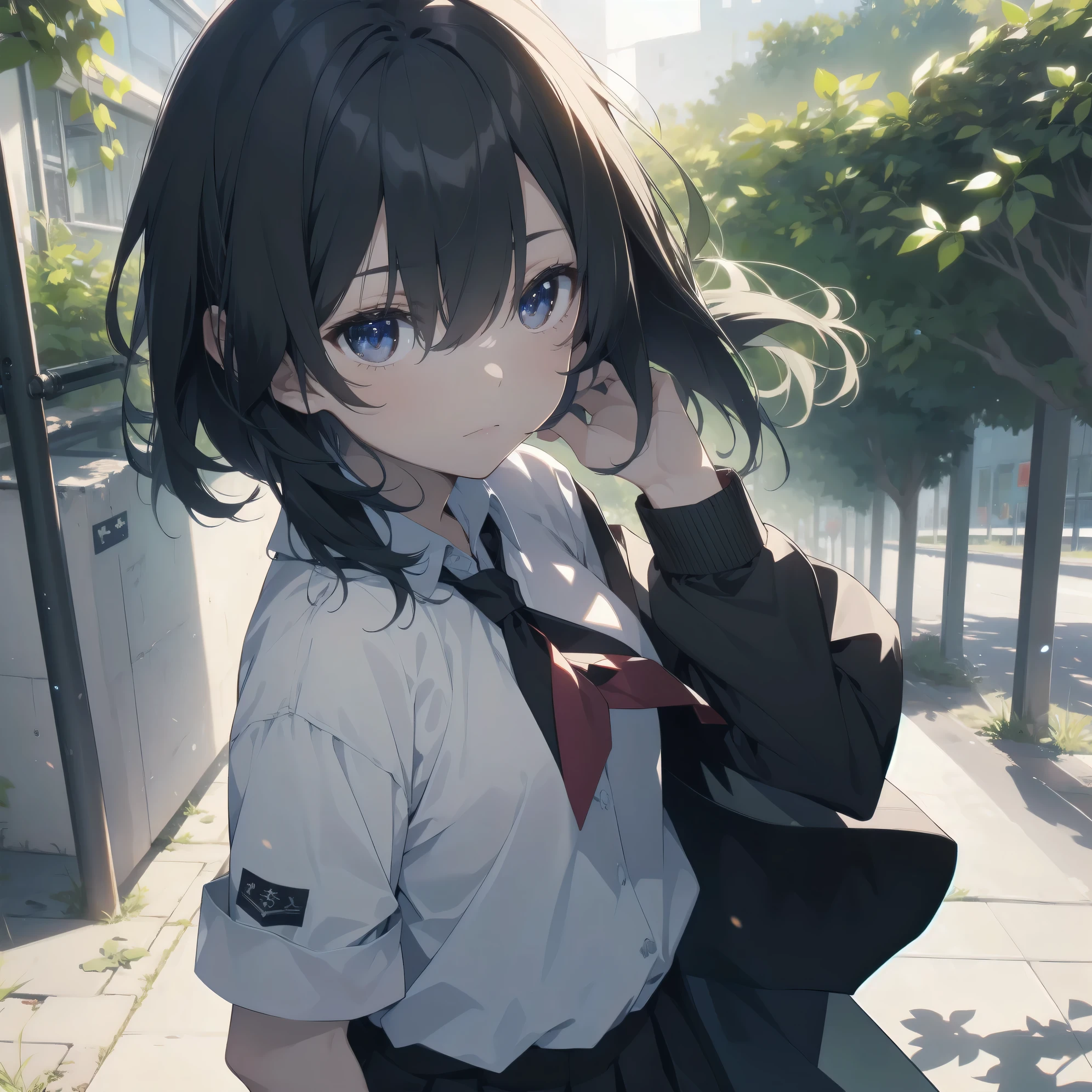 ultra-absurdres-Top quality by artist God, ultra-detailed, high resolution, anime moe artstyle, best anime 8k konachan wallpaper, pixiv contest winner, pool:2810, perfect anatomy,break, 1girl, (Please draw a girl walking sleepily to school alone. )break,(Solo,little female, 13-year-old:1.3),Full limbs, complete fingers,a junior high school student, (very short hair), short cut, flat chest, , small butt, small black eyes, beautiful detailed eyes, well-proportioned iris and pupils, expressive eyes, highres detailed hair, soft expression, school_uniform, serahuku, neckerchief, shirt, short sleeves, pleated skirt,(Detailed Lighting), (Detailed background), in the School commute route. break,super detailed skin, Best cinematic lighting powered by famous artist, 8k,beauty illustration,photoshop_(medium),very aesthetic,break,((artist:ningen mame )), artist:bolze ,artist:oyari ashito ,artist:kantoku ,