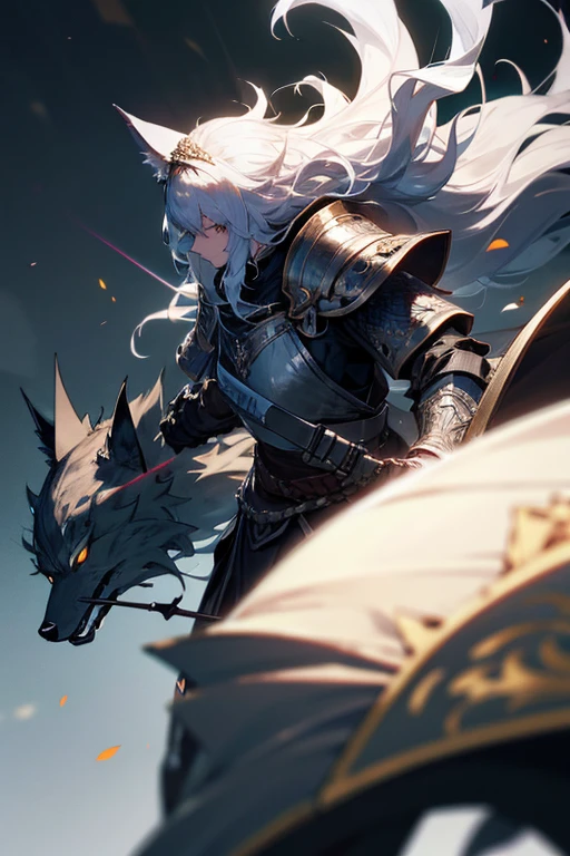 Wolf Knight, fine armor, Intricate Design, Silver, silk, Cinema Lighting, 4K, Floating Hair, sharp