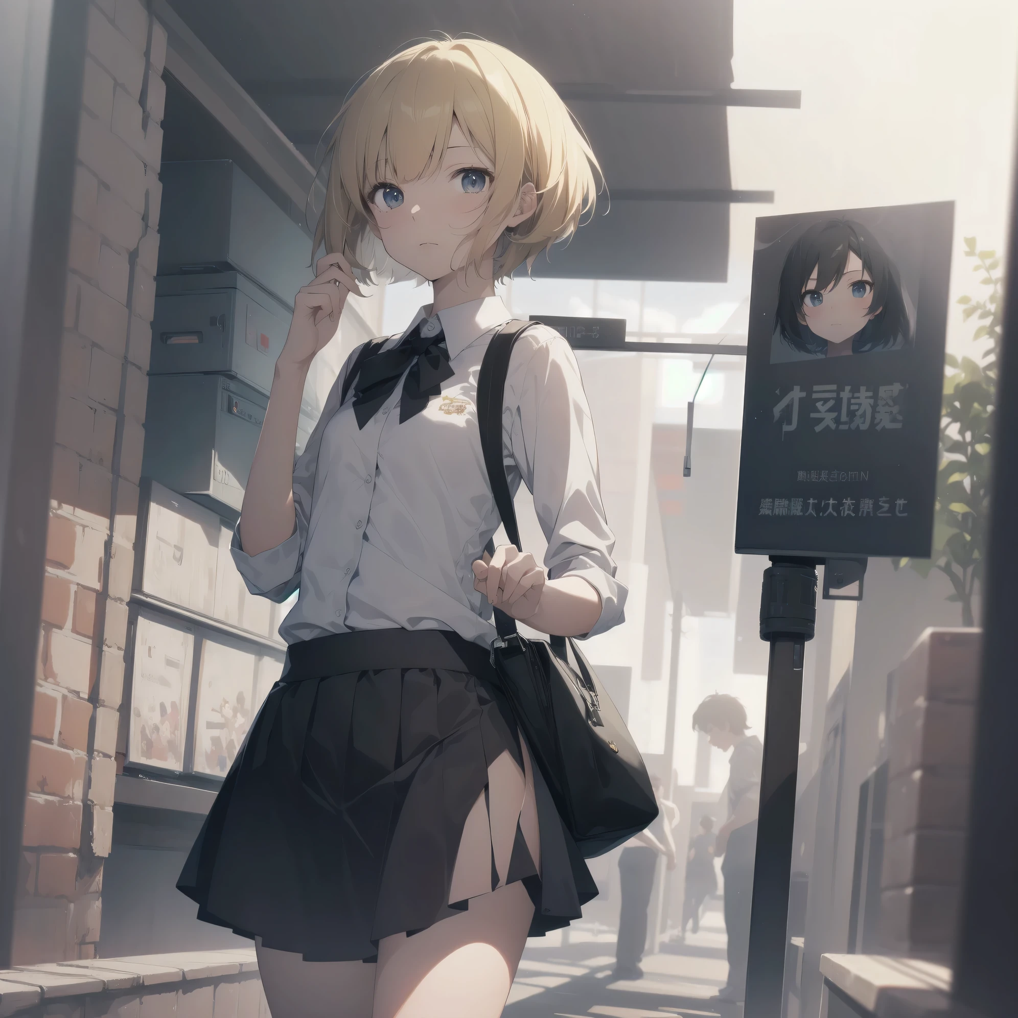ultra-absurdres-Top quality by artist God, ultra-detailed, high resolution, anime moe artstyle, best anime 8k konachan wallpaper, pixiv contest winner, pool:2810, perfect anatomy,break, 1girl, (Please draw a girl walking sleepily to school alone. )break,(Solo,little female, -yeld:1.Full limbs, complete fingers,a junior hishort hair), short cut, flat chest, , small butt, small black eyes, beautiful detailed eyes, well-proportioned iris and pupils, expressive eyes, highres detailed hair, soft expression, school_uniform, bowtie, collared shirt. pleated skirt,(Detailed Lighting), (Detailed background), in the School commute route. break,super detailed skin, Best cinematic lighting powered by famous artist, 8k,beauty illustration,photoshop_(medium),very aesthetic,break,((artist:ningen mame )), artist:bolze ,artist:oyari ashito ,artist:kantoku ,