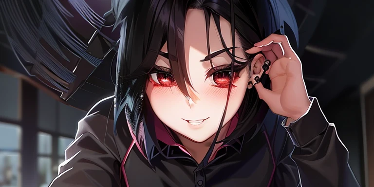 manhwa, 1 woman, teacher, short black hair, black eyes, piercing, slightly messy hair, mischievous smile, blushing, fixing her hair with one hand, view from below her, fixing her hair, white formal clothes, in front of a ceiling fan