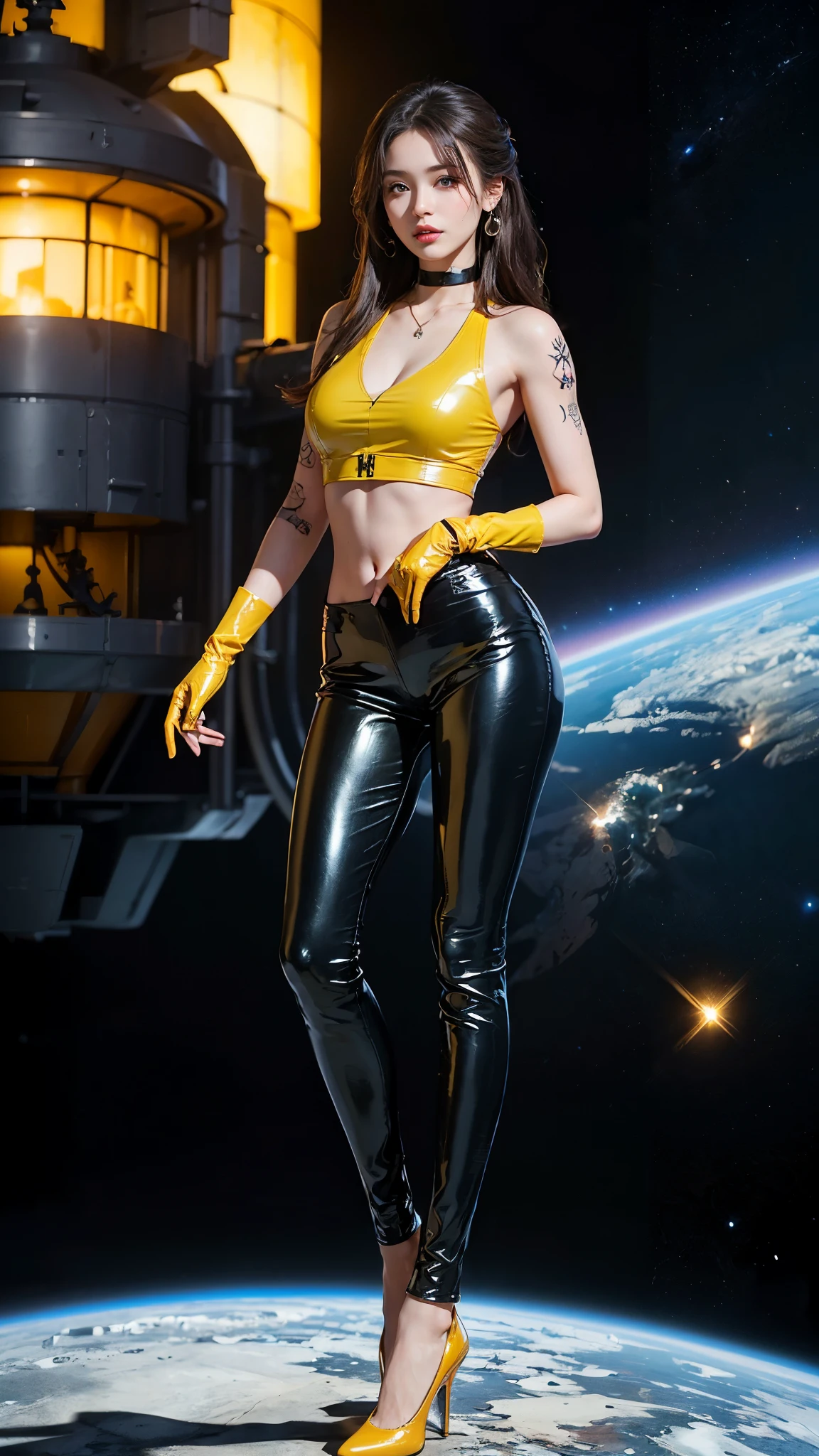 ((masterpiece:1.4)、(highest quality:1.4)、(Realistic:1.7))、Masterpiece:1.4、(Top-notch rendering:1.4)、(Kaoru, the beautiful navigator of the Space Battleship Fuji:1.4)、Super Beauty航海士Kaoru、(By Luis Royo:1.4)、(A uniform that accentuates your beautiful figure:1.2)、(Futuristic sci-fi battle fashion:1.2)、(Street Style Wear)、(Tight Fit Pants)、(Shiny luxury latex:1.4)、(Luxury yellow latex:1.4)、19 years old、(Cute Tattoos:1.4)、(Wearing yellow gloves)、Cute Girl、Super Beauty、(Seductive pose)、Sharp Focus、Portrait Photography:1.4、8k、Photorealistic images:1.4、(Perfect female body:1.4)、Perfect proportions、(Standing:1.4)、(Full body photography:1.4)、Beautiful Face、Fearless look、Beautiful Eyes、(A girl with a beautiful body and slender abdominal muscles)、(Narrow waist:1.4)、(9-body proportions beautiful girl:1.4)、(A beautiful girl with long legs and a good figure:1.4)、Beautiful feet:1.4、(Long Hair:1.2)、Heavy makeup、Eyeshadow、Glow Eye、Glow Lip、Beautiful breasts、Large Breasts:1.2、sexy ass、(Standing facing forward:1.4)、Raw photo、Red lips、Yellow high heels:1.4、choker:1.4、necklace:1.4、Earrings:1.4、1 Screen Display:1.4、Space Battleship Fuji's bridge:1.2