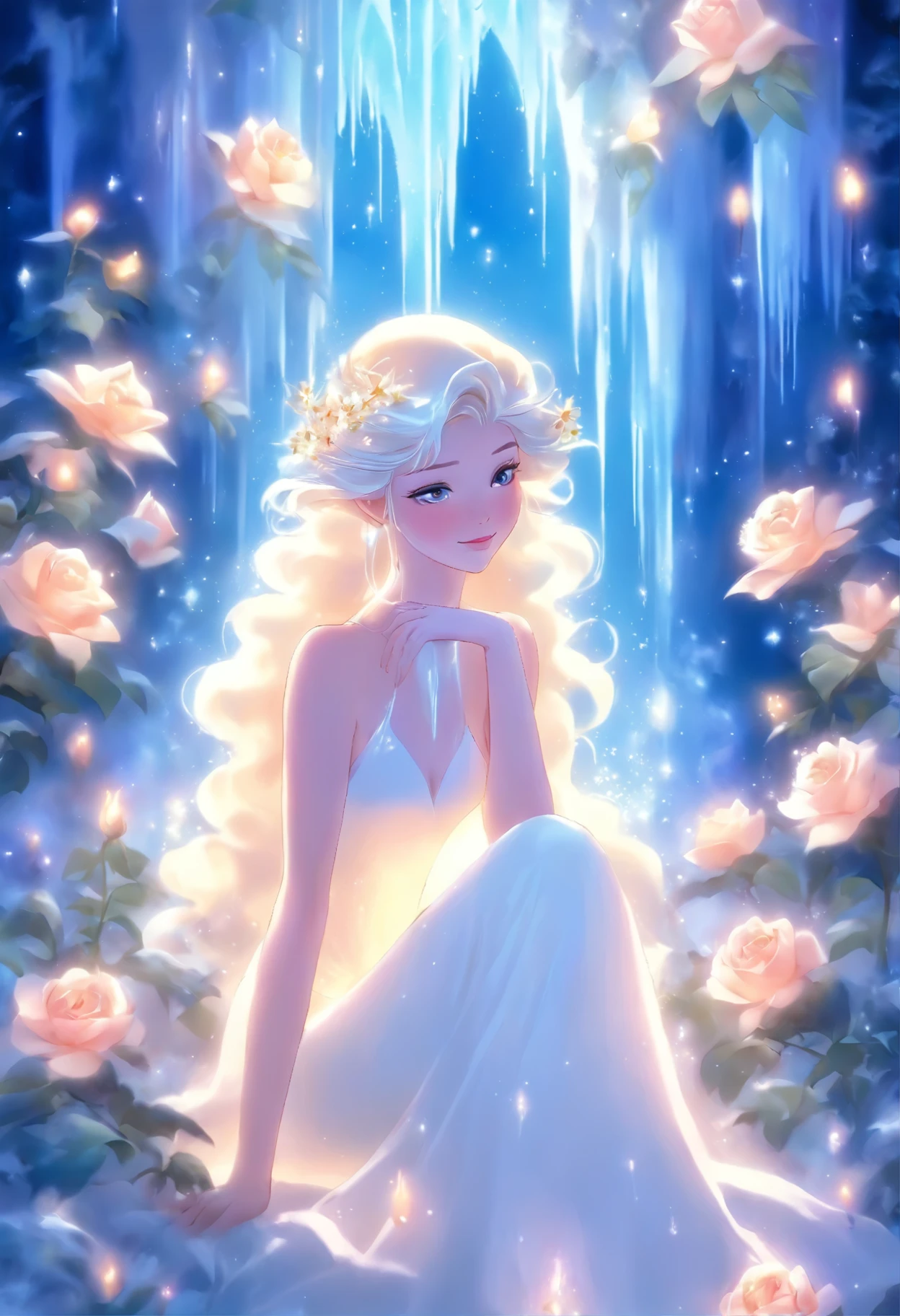 painting of a woman in a white dress sitting on a white rose, with frozen flowers around her, ethereal beauty, galadriel, beautiful fantasy painting, inspired by Nene Thomas, ethereal fairytale, inspired by Edward Robert Hughes, fantasy oil painting, ethereal!!!!!!!, ethereal!!!, enchanted with nature spirit, ethereal fantasy, white witch