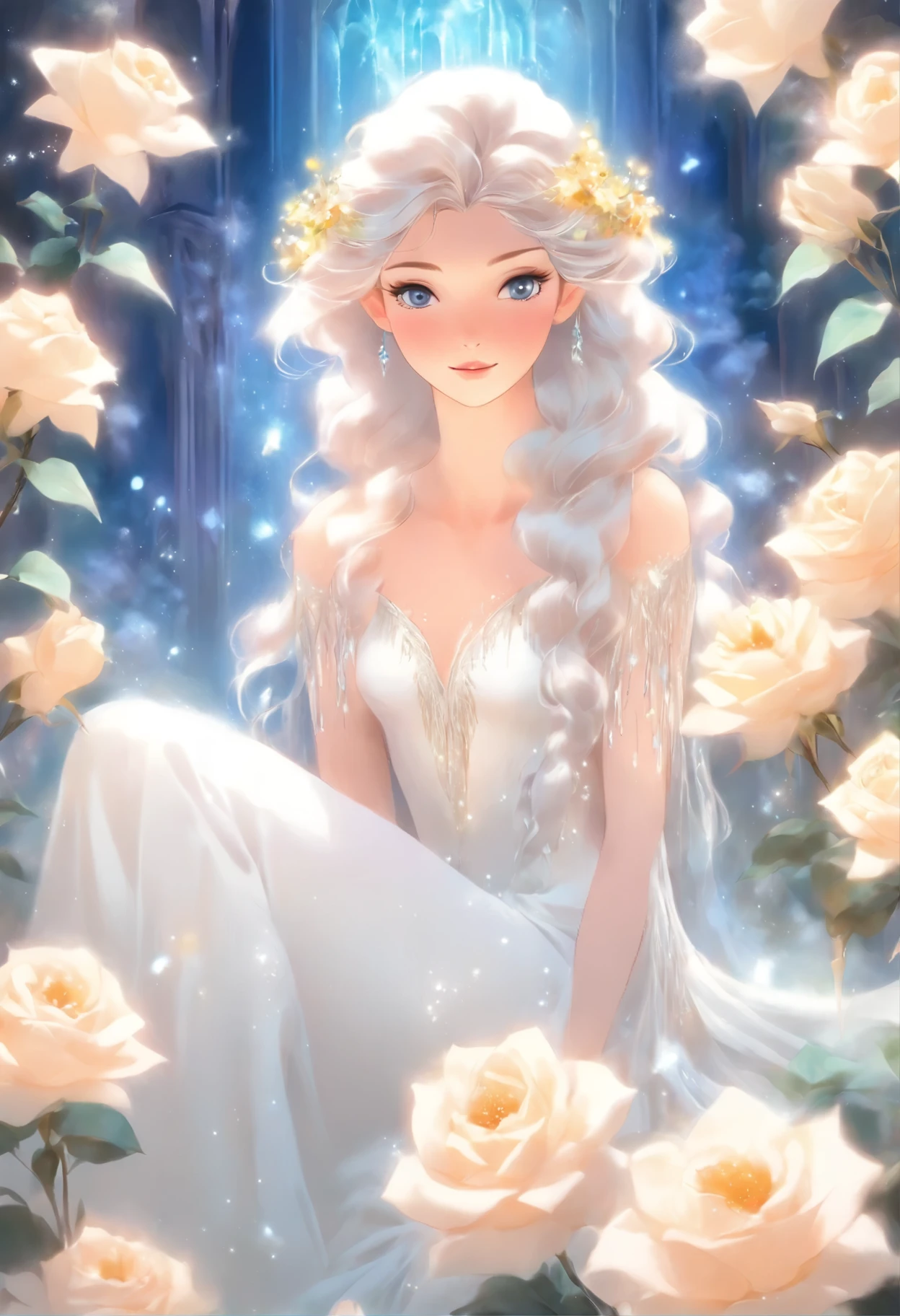 painting of a woman in a white dress sitting on a white rose, with frozen flowers around her, ethereal beauty, galadriel, beautiful fantasy painting, inspired by Nene Thomas, ethereal fairytale, inspired by Edward Robert Hughes, fantasy oil painting, ethereal!!!!!!!, ethereal!!!, enchanted with nature spirit, ethereal fantasy, white witch