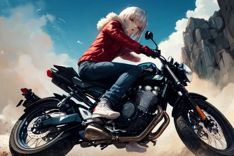 masterpiece, highest quality, One girl, (cigarette:1.0), Riding on motorcycle, View your viewers, ,
BREAK Cut BREAK Yellow Eyes、Tilt the bike sideways、Applying the brakes,Dust rises after braking、
 