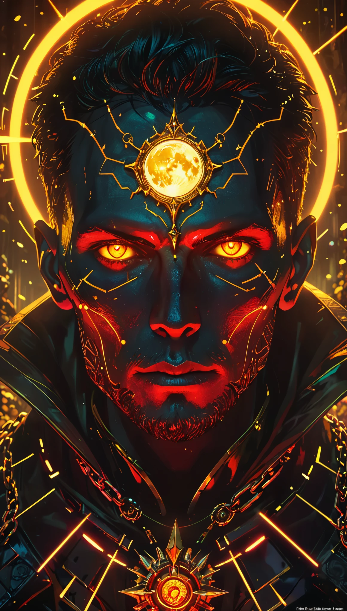 Masterpiece,Best Quality,Hyper Detailed,Cinematic Light,Intricate Detail,Highres,Official Art,Detailed Glow,A red skull,  portrait, Rostland, Benedict Barna, Morel, (((Gold Jewelry))), (The pupil is composed of a moon-shaped image.:1.8), Miracle, Dark atmosphere, Black Forest, ((red Neon flashing)),Characteristics of dragons,Jewelry accessories, Diffraction peak, Vibrant colors、Bokeh、portrait、landscape、Fear、cartoon、Science fiction, photography, Concept Artist, Steel claws, Steel Fang,Electronic Links, Metal chains, Diffraction spike，SplitScreen